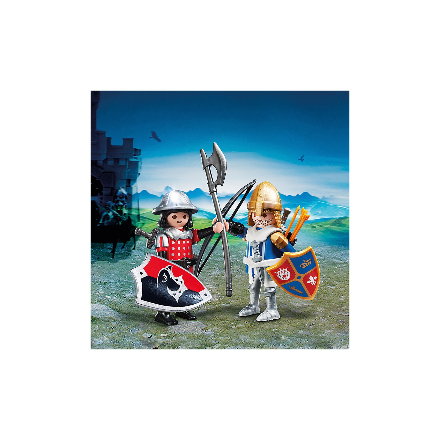 ДУО: Рыцари, PLAYMOBIL ДУО: Рыцари, PLAYMOBILПластмассовые конструкторы<br>В этом наборе представлены два рыцаря в доспехах и с оружием. Узнай, кто победит на этот раз! Фигурки имеют подвижные конечности, в руки можно вложить различные вещи. Все детали набора прекрасно проработаны, выполнены из высококачественного пластика. Играть с таким набором не только приятно и интересно - подобные виды игры развивают мелкую моторику, воображение, творческое мышление.<br><br>Дополнительная информация:<br><br>- Комплектация: 2 фигурки, аксессуары.<br>- 2 фигурки в комплекте.<br>- Материал: пластик.<br>- Размер упаковки: 17х15х4 см.<br>- Высота фигурки: 7,5 см. <br>- Голова, руки, ноги у фигурок подвижные.<br><br>Набор ДУО: Рыцари, PLAYMOBIL (Плеймобил), можно купить в нашем магазине.<br><br>Ширина мм: 171<br>Глубина мм: 149<br>Высота мм: 40<br>Вес г: 70<br>Возраст от месяцев: 48<br>Возраст до месяцев: 120<br>Пол: Мужской<br>Возраст: Детский<br>SKU: 3786360