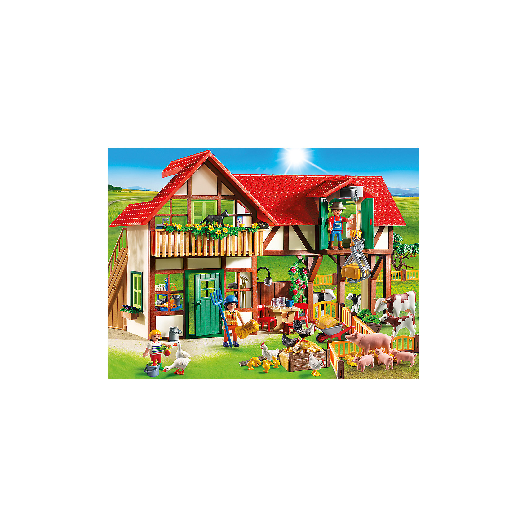 Большая ферма, PLAYMOBIL Большая ферма, PLAYMOBILПластмассовые конструкторы<br>Помоги трудолюбивому фермеру в его работе: накорми животных, подои коров, собери урожай и положи его на хранение, а потом можно и отдохнуть. Большой дом разделен на две части - сарай и жилые помещения для семьи фермера. Здесь есть коровник, аппаратная и, конечно, уютные комнаты. Все запасы семьи хранятся на чердаке, куда их доставляет грузовой подъемник. Чтобы попасть на второй этаж жилого помещения, необходимо подняться по боковой лестнице.<br>В каждое помещение ведет отдельная дверь. Для всех животных на ферме предусмотрены отдельные загоны. В саду растет яблоня, плоды с нее можно снимать. В наборе 3 фигурки: 2 фермера (мама и папа) и ребенок. Множество аксессуаров сделают игру с набором интересной и реалистичной. Фигурки имеют подвижные конечности, в руки можно вложить различные предметы. Все детали прекрасно проработаны и выполнены из высококачественного экологичного пластика безопасного для детей. Играть с таким набором не только приятно и интересно - подобные виды игры развивают мелкую моторику, воображение, творческое мышление.<br><br>Дополнительная информация:<br><br>- 3 фигурки.<br>- Комплектация: 3 фигурки, дом, коровник, аппаратная, животные и птицы (коровы, свиньи, куры, гуси, кошки), дерево, загоны для животных, мебель, аксессуары. <br>- Материал: пластик.<br>- Размер фермы: 58 x 39 x 28 см.<br>- Высота фигурки: 7,5 см.<br>- Высота фигурки ребенка: 5,5 см.<br>- Голова, руки, ноги у фигурок подвижные.<br><br>Набор Большая ферма, PLAYMOBIL (Плеймобил), можно купить в нашем магазине.<br><br>Ширина мм: 517<br>Глубина мм: 388<br>Высота мм: 129<br>Вес г: 2137<br>Возраст от месяцев: 48<br>Возраст до месяцев: 120<br>Пол: Унисекс<br>Возраст: Детский<br>SKU: 3786394