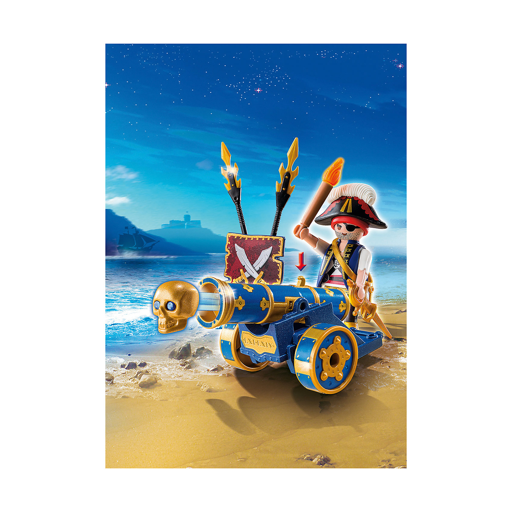 Интерактивная пушка с офицером пиратов, PLAYMOBIL Интерактивная пушка с офицером пиратов, PLAYMOBILПластмассовые конструкторы<br>Набор включает в себя фигурку пирата и пушку, которая стреляет ядром, выполненным в виде черепа. Нажимай на рычажок пальцем или факелом в руке пирата. Скачивай приложение и получай еще больше впечатлений от игры. В комплекте есть держатель для смартфона. Приложение взаимодействует с пушкой. Включай приложение, целься пушкой и поражай цели на экране. Все детали прекрасно проработаны и выполнены из высококачественного экологичного пластика безопасного для детей. Играть с таким набором не только приятно и интересно - подобные виды игры развивают мелкую моторику, воображение, творческое мышление.<br><br>Дополнительная информация:<br><br>- 1 фигурка в наборе.<br>- Комплектация: пушка, фигурка, мишень, держатель, аксессуары.<br>- Материал: пластик.<br>- Размер упаковки: 23х17х6 см.<br>- Высота фигурки: 7,5 см.<br>- Голова, руки, ноги у фигурок подвижные.<br>- Пушка стреляет. <br><br>Набор Интерактивная пушка с офицером пиратов, PLAYMOBIL (Плеймобил), можно купить в нашем магазине.<br><br>Ширина мм: 243<br>Глубина мм: 170<br>Высота мм: 78<br>Вес г: 120<br>Возраст от месяцев: 48<br>Возраст до месяцев: 120<br>Пол: Мужской<br>Возраст: Детский<br>SKU: 3786428