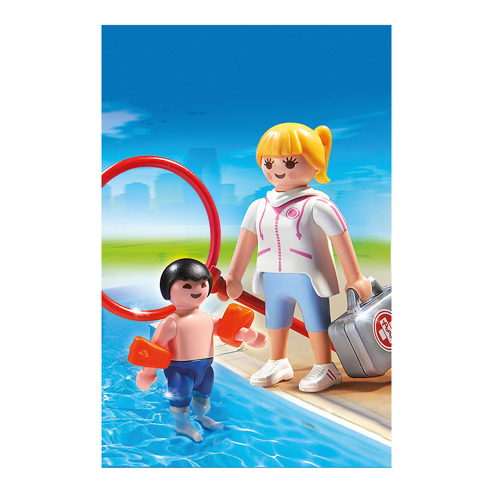 Аквапарк: Супервайзер в бассейне, PLAYMOBIL Аквапарк: Супервайзер в бассейне, PLAYMOBILПластмассовые конструкторы<br>Аквапарк: Супервайзер в бассейне, PLAYMOBIL (Плэймобил)<br><br>Характеристики:<br><br>• сочетается с другими наборами Playmobil<br>• изготовлены из нетоксичного пластика<br>• в комплекте: 2 фигурки, спасательный круг, нарукавники, аптечка<br>• материал: пластик<br>• размер упаковки: 9,3х4,5х12,4 см<br>• размер маленькой фигурки: 5,25 см<br>• размер большой фигурки: 7,5 см<br>• вес: 60 грамм<br><br>Набор Супервайзер в бассейне от Плэймобил подходит для создания увлекательных игровых сюжетов. Все аксессуары идеально подходят для рук фигурок и могут сочетаться с другими игрушками из наборов Плэймобил. В комплект входят 2 фигурки (супервайзер и ребенок), нарукавники, спасательный круг и аптечка. Ваш ребенок придумает интересную историю и вспомнит правила поведения в бассейне в игровой форме. Кроме того, такие игры способствуют развитию моторики рук, координации и воображения.<br><br>Аквапарк: Супервайзер в бассейне, PLAYMOBIL (Плэймобил) вы можете купить в нашем интернет-магазине.<br><br>Ширина мм: 148<br>Глубина мм: 93<br>Высота мм: 48<br>Вес г: 61<br>Возраст от месяцев: 48<br>Возраст до месяцев: 120<br>Пол: Унисекс<br>Возраст: Детский<br>SKU: 3786442