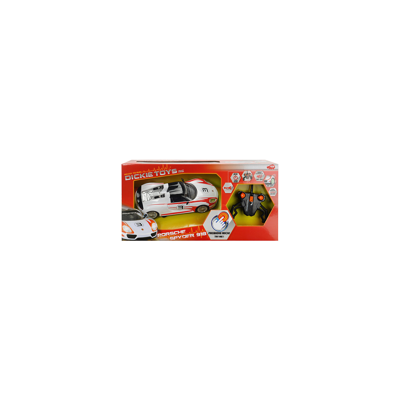 Машинка на р/у Porsche Spyder 1:16, 26см, Dickie Машинка на р/у Porsche Spyder 1:16, 26см, DickieРадиоуправляемый транспорт<br>Уменьшенная модель автомобиля Porsche Spyder позволит вашему ребенку почувствовать себя настоящим гонщиком! Машина прекрасно детализирована и реалистично раскрашена, может передвигаться во все стороны, оснащена звуковыми и световыми эффектами. Игрушка выполнена из прочных экологичных материалов, в производстве которых использованы нетоксичные, безопасные красители. <br><br>Дополнительная информация:<br><br>- Материал: пластик, металл.<br>- Размер: 26 см.<br>- Масштаб: 1:16.<br>- Максимальная скорость: 10 км/ч.<br>- Световые, звуковые эффекты. <br>- Комплектация: машина, пульт ДУ, инструкция. <br>- Элемент питания: батарейки (в комплекте).<br><br>Машинку на р/у Porsche Spyder 1:16, 26см, Dickie (Дикки), можно купить в нашем магазине.<br><br>Ширина мм: 401<br>Глубина мм: 256<br>Высота мм: 175<br>Вес г: 1255<br>Возраст от месяцев: 72<br>Возраст до месяцев: 120<br>Пол: Мужской<br>Возраст: Детский<br>SKU: 3816278