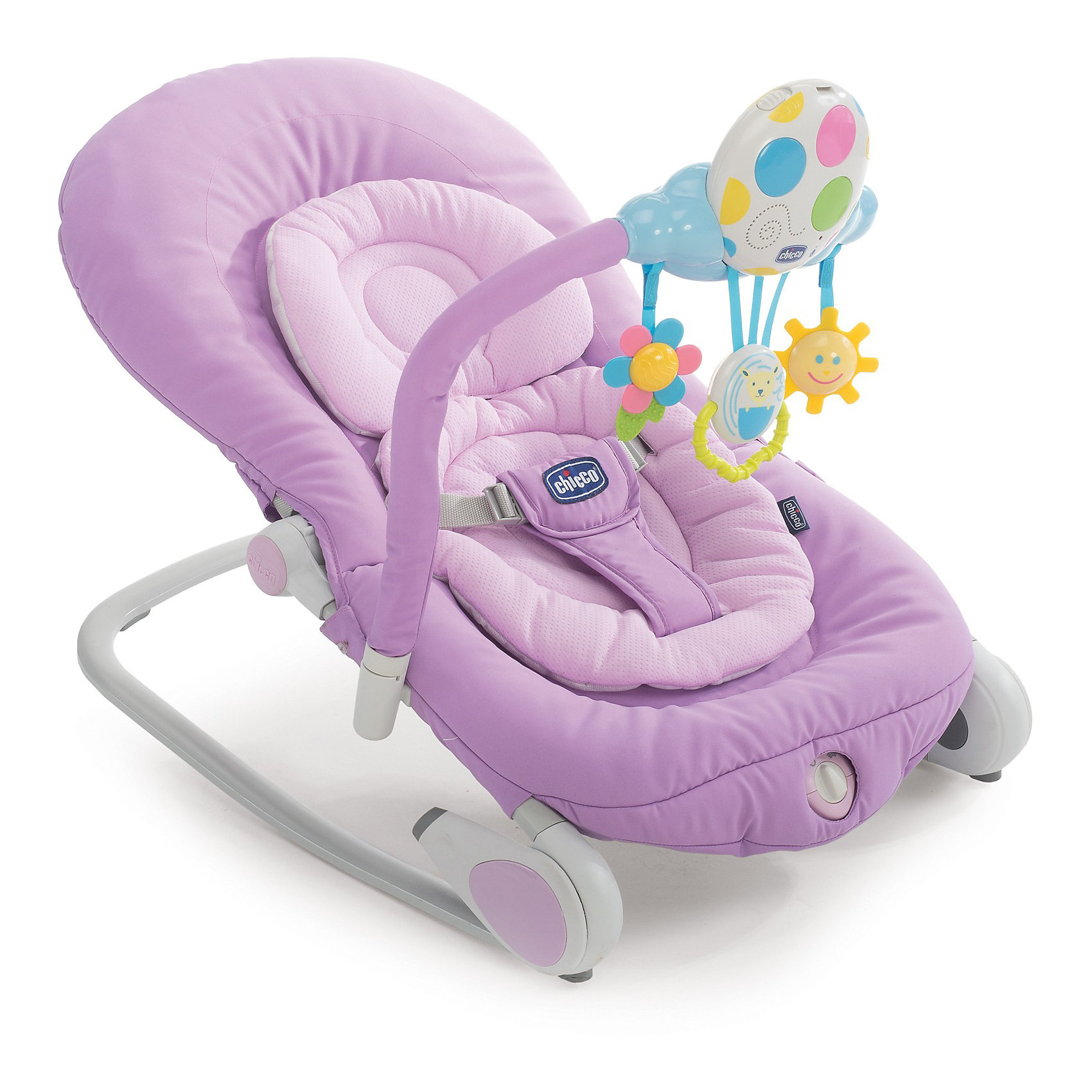 Кресло-качалка Balloon, Chicco, розовый Кресло-качалка Balloon, Chicco, розовыйКресла-качалки<br>Легкое и удобное кресло-качалка Balloon, Chicco (Чико) - замечательное место для игр и отдыха малыша с рождения до 9 кг. (6 месяцев). Анатомическая конструкция кресла обеспечивает малышам правильное положение. Мягкое широкое сиденье со съемной моющейся подкладкой создает ребенку оптимальный комфорт. Спинка сиденья регулируется в четырех положениях, вплоть до горизонтального. Подголовник регулируется в 3 позициях по высоте ребенка. Кресло можно легко зафиксировать в статичном положении, либо трансформировать его в кресло-качалку, убрав ножки. Устройство легкой вибрации поможет малышу расслабиться. Ребенок надежно удерживается в кресле при помощи мягкого трехточечного ремня безопасности. <br><br>Для развлечения малыша в комплекте предусмотрен съемный электронный модуль с тремя подвесными забавными игрушками, которые будут способствовать двигательной активности, тактильному и сенсорному развитию. При нажатии на кнопочки модуля, загораются цветные<br>огоньки и звучат приятные мелодии и звуки природы (6 мелодий и 6 звуков природы). Также можно записать свое сообщение протяженностью 30 секунд, чтобы ребенок слышал Ваш голос. Модуль легко крепится к детской кроватки с помощью ремешка и поможет успокоить малыша перед сном. Кресло-качалка быстро складывается с помощью двух специальных кнопок и не занимает много места при хранении. Имеются две прочные тканевые ручки для переноски. Чехол из ткани легко снимется и стирается при комнатной температуре. Максимальный вес ребенка - 9 кг.<br><br>Дополнительная информация:<br><br>- Цвет: lilla (сиреневый).<br>- Материал: текстиль, пластик, металл.<br>- Возраст: 0-6 мес.<br>- Требуются батарейки: 2 х AA, 1 x LR20 1,5V (не входят в комплект).<br>- Размер в разложенном виде: 78 х 43 х 32/62 см.<br>- Размер в сложенном виде: 80 х 17 х 43 см.<br>- Вес: 4,5 кг.<br><br>Кресло-качалку Balloon, Chicco (Чико), можно купить в нашем интернет-магазине.<br><br>Ширина мм: 800<br>Глубина мм: 510<br>Высота мм: 145<br>Вес г: 5120<br>Цвет: лиловый<br>Возраст от месяцев: 0<br>Возраст до месяцев: 6<br>Пол: Женский<br>Возраст: Детский<br>SKU: 3836622