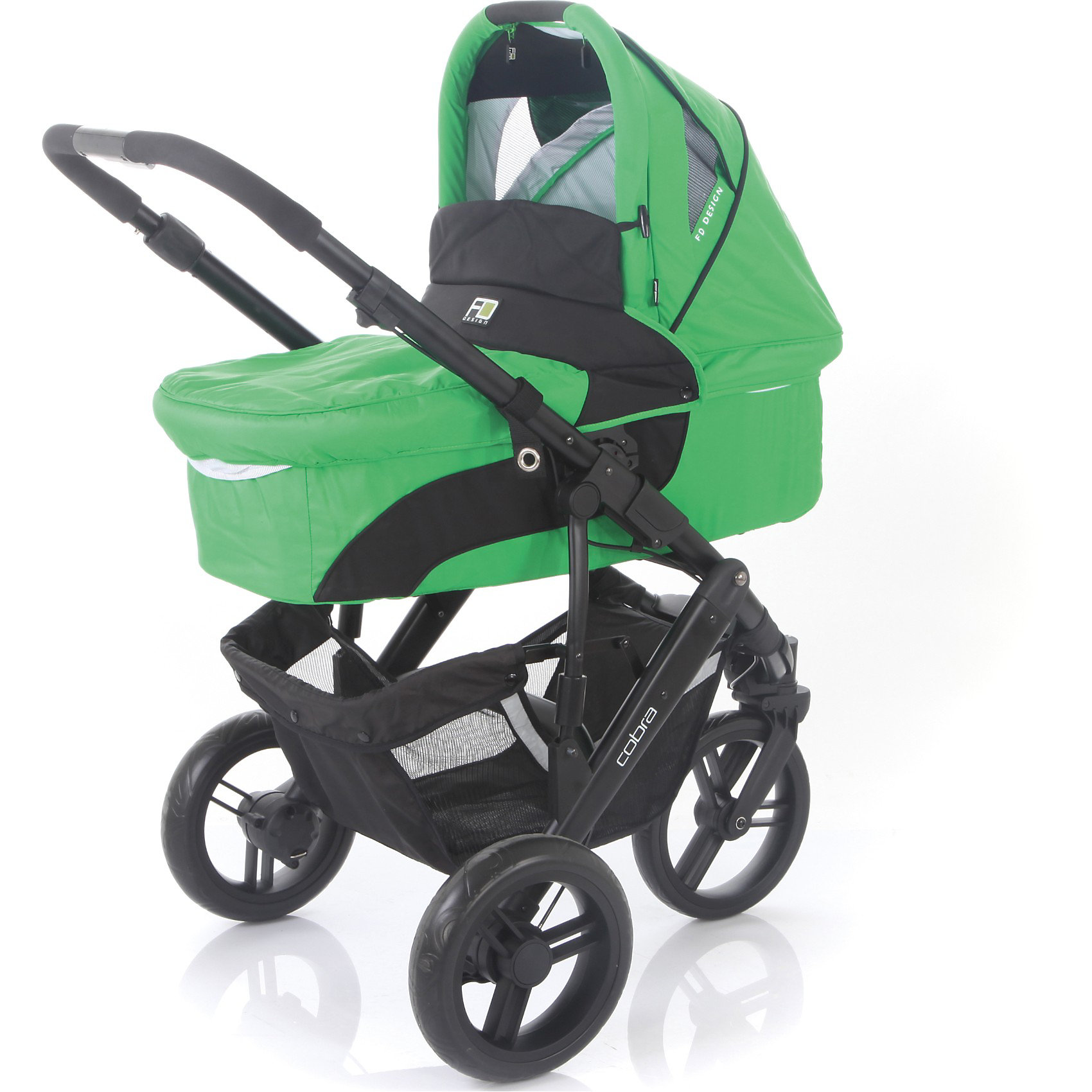 Коляска 2 в 1 FD Design Cobra, зеленый Коляска 2 в 1 FD Design Cobra, зеленыйКоляски 2 в 1<br>Коляска 2 в 1 Cobra, FD Design, зеленый - это удобная многофункциональная коляска для малышей и их родителей.<br>FD Design Cobra – стильная и функциональная коляска 2в1. Конструкция сверхпрочной алюминиевой рамы под три колеса большого диаметра обеспечивает превосходную маневренность. Переднее колесо, плавающее с возможностью фиксации. Имеется стояночный тормоз на задней оси. Коляска имеет небольшой вес. Она состоит из люльки с ровным жестким дном и прогулочного блока. Высокая посадка прогулочного блока облегчает доступ к ребенку. К тому же, сидение можно устанавливать и лицом к маме, и лицом к дороге. Прогулочный блок может наклоняться в 3 положениях, до 170 градусов, что гарантирует оптимальную посадку ребенка. А за его безопасность отвечают 5-точечные ремни и съемный бампер с мягкой накладкой. Подножку можно регулировать по высоте, что обеспечивает максимальный комфорт малышу. Для удобной переноски люльки, есть специальная ручка на капюшоне. На днище находятся резиновые ножки. Большой капюшон на коляске защитит ребенка от солнечных лучей и капель дождя. Родителей, несомненно, обрадует вместительная сумка для вещей и ручка, регулируемая по высоте. Рама легко и компактно складывается в книжку. Съемные тканевые детали можно стирать в машине при 30 градусах.<br><br>Дополнительная информация:<br><br>- Комплектация: прогулочный блок, люлька, сумка для мамы, дождевик, чехол на ножки, москитная сетка<br>- Цвет: авокадо (зеленый)<br>- Диаметр колес: 26 см.<br>- Тип колес: плотная резина<br>- Механизм складывания: книжка<br>- Ширина колесной базы: 69 см. <br>- Вес: 11,3 кг.<br>- Размеры в собранном виде: 82x68x29 см.<br>- Размеры: люлька – 76x34х18 см, прогулочный блок – 98х30х26 см.<br>- Высота ручки: 102-107 см.<br>- Материал люльки: внешняя ткань плотная и водонепроницаемая, внутренний чехол - высококачественный и натуральный хлопок, съемный для стирки<br>- Материал изготовления: алюминий, пластик<br>- Возможно приобрести дополнительный адаптер для установки автокресла Maxi Cozi (в комплект не входит<br><br>Коляску 2 в 1 Cobra, FD Design, зеленую можно купить в нашем интернет-магазине.<br><br>Ширина мм: 880<br>Глубина мм: 540<br>Высота мм: 390<br>Вес г: 16500<br>Возраст от месяцев: 0<br>Возраст до месяцев: 48<br>Пол: Унисекс<br>Возраст: Детский<br>SKU: 3850800
