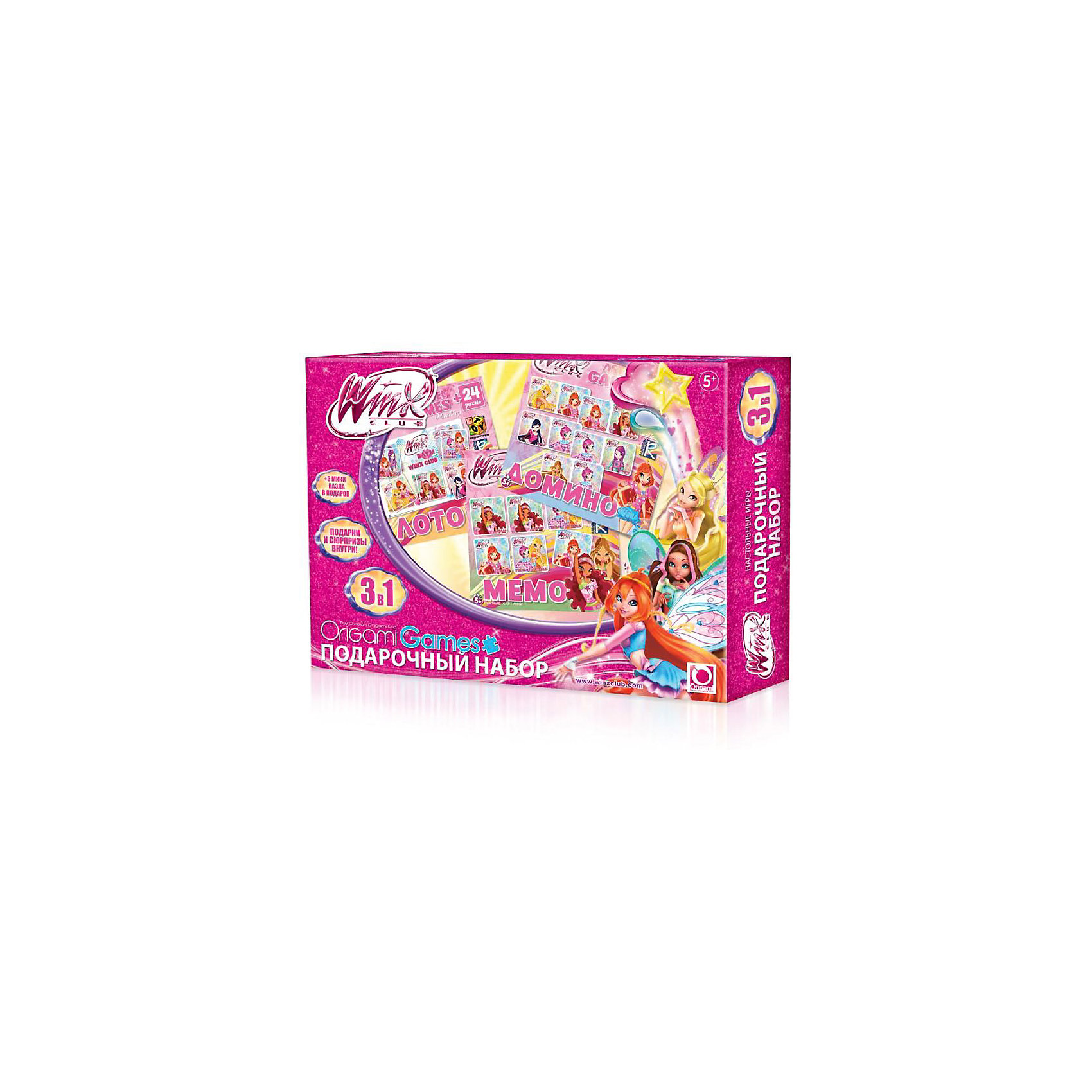 Игра 3 в 1 Лото, домино, мемо + Набор из 3х пазлов + Кукла Winx Club Игра 3 в 1 Лото, домино, мемо + Набор из 3х пазлов + Кукла Winx ClubИгры мемо<br>Игра 3 в 1 Лото, домино, мемо + Набор из 3х пазлов + Кукла Winx Club – это великолепная игра для семейного досуга.<br>Подарочный набор 3 в 1, с изображением героев мультсериала Клуб Винкс: Школа волшебниц, наилучшее решение для развития вашего малыша. В набор входят три увлекательных игры — (лото, домино, мемо), 3 пазла, а также кукла Winx на подставке с аксессуарами. Набор упакован в прямоугольную коробку-чемоданчик с удобной пластиковой ручкой. Игры с любимыми персонажами, несомненно, понравятся детям, а также помогут развить логическое мышление, внимательность и усидчивость!<br><br>Дополнительная информация:<br><br>- В наборе: 28 прямоугольных карточек (для домино); 6 больших карт, 30 игровых карточек (для лото); 30 квадратных карточек (для мемо); 1 пазл - 18 элементов, 2 пазла по 24 элемента; 1 пазл из 18 элементов, 2 пазла по 24 элемента, Кукла Winx Club<br>- Подарочная упаковка<br>- Размер упаковки: 320х60х235 мм.<br>- Вес: 650 гр.<br><br>Игру 3 в 1 Лото, домино, мемо + Набор из 3х пазлов + Кукла Winx Club можно купить в нашем интернет-магазине.<br><br>Ширина мм: 320<br>Глубина мм: 60<br>Высота мм: 235<br>Вес г: 650<br>Возраст от месяцев: 60<br>Возраст до месяцев: 2147483647<br>Пол: Женский<br>Возраст: Детский<br>SKU: 3859434