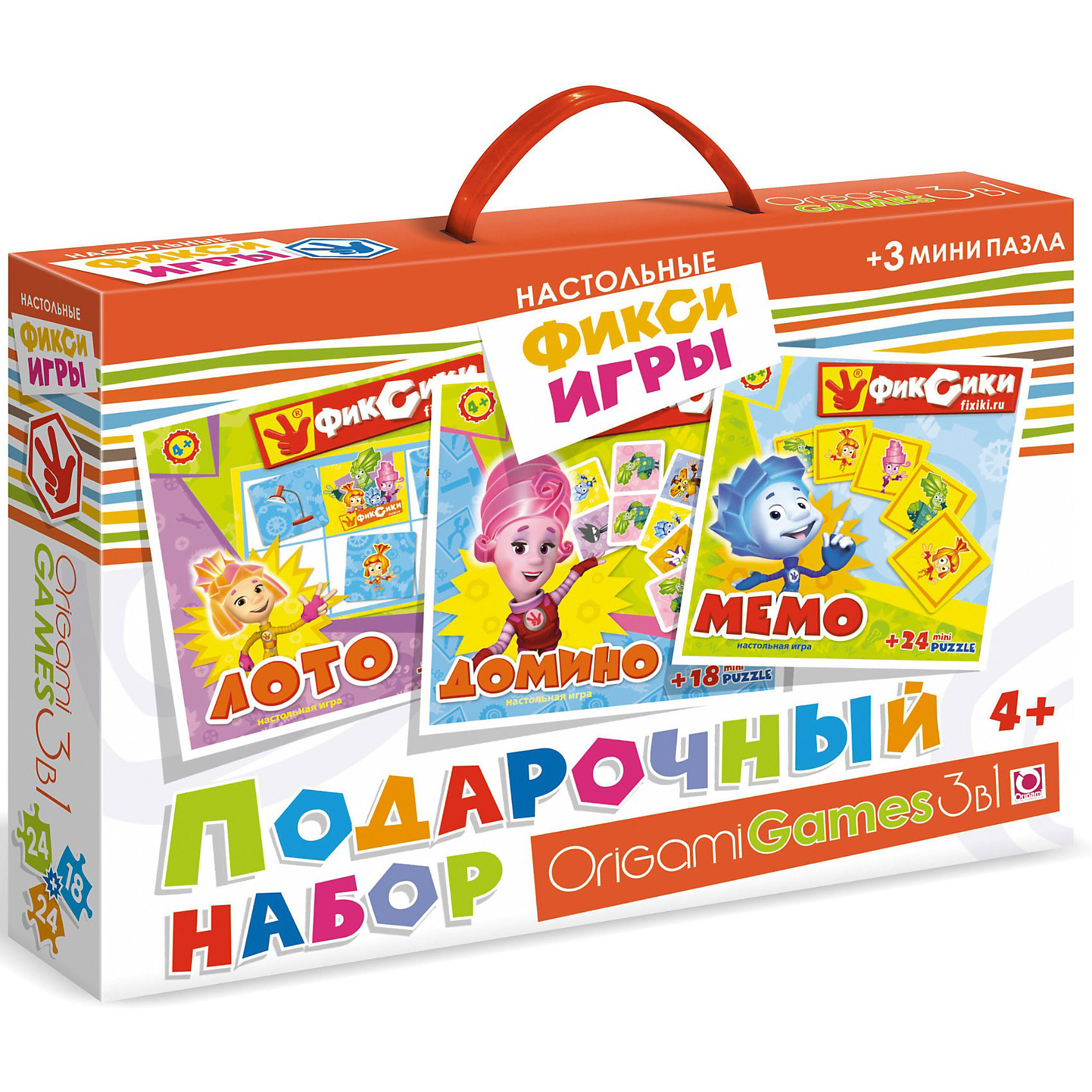 Игра 3 в 1 Лото, домино, мемо + Набор пазлов 24*18*24 деталей, Фиксики Игра 3 в 1 Лото, домино, мемо + Набор пазлов 24*18*24 деталей, ФиксикиПопулярные игрушки<br>Игра 3 в 1 Лото, домино, мемо + Набор пазлов 24*18*24 деталей, Фиксики – это три развивающие игры и три пазла в одном наборе.<br>Подарочный набор 3 в 1 Фиксики, с изображением героев известного анимационного сериала, наилучшее решение для развития вашего малыша. В набор входят три увлекательных игры — (лото, домино, мемо), а также 3 пазла. Набор упакован в прямоугольную коробку-чемоданчик с удобной пластиковой ручкой. Игры с любимыми персонажами, несомненно, понравятся детям, а также помогут развить логическое мышление, внимательность и усидчивость! <br><br>Дополнительная информация:<br><br>- Комплектация Домино: 28 прямоугольных карточек<br>- Комплектация Лото: 6 больших карт, 30 игровых карточек<br>- Комплектация Мемо: 30 квадратных карточек<br>- Набор мини-пазлов: 1 пазл из 18 элементов, 2 пазла по 24 элемента<br>- Материал: картон, бумага<br>- Подарочная упаковка<br>- Размер упаковки: 320х60х235 мм.<br>- Вес: 450 гр.<br><br>Игру 3 в 1 Лото, домино, мемо + Набор пазлов 24*18*24 деталей, Фиксики можно купить в нашем интернет-магазине.<br><br>Ширина мм: 320<br>Глубина мм: 60<br>Высота мм: 235<br>Вес г: 600<br>Возраст от месяцев: 48<br>Возраст до месяцев: 2147483647<br>Пол: Унисекс<br>Возраст: Детский<br>Количество деталей: 18<br>SKU: 3859437