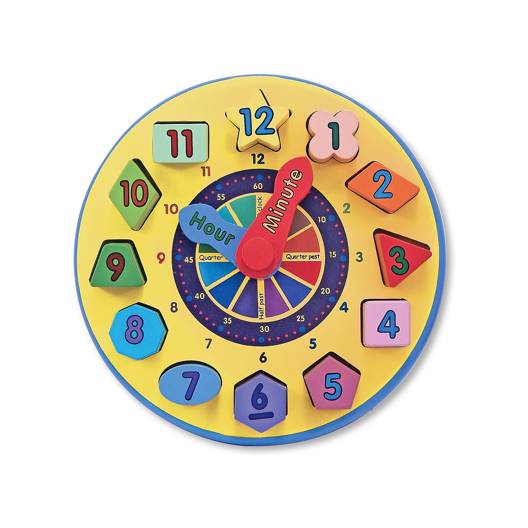 Сортировщик Часы, Melissa & Doug Сортировщик Часы, Melissa & DougСортеры<br>Красочный деревянный сортировщик Часы Melissa & Doug - это настоящее открытие для заботливых мам! Часы объединяют забавное развлечение и развивающую игрушку со множеством возможностей. В качестве цифр в циферблате используются двенадцать деревянных фигур разного цвета и формы, которые необходимо вставить в нужные пазы. Эти фигурки довольно большие и объемные, и главное идеально подогнаны к отверстиям, поэтому ребенку будет очень удобно брать их ручкой и ставить на место. Благодаря такой конструкции детки постарше могут изучать цвета и цифры просто играючи! Стрелки в часах яркие и подвижные, с их помощью можно показывать ребенку, который час. Постепенно ребенок научится понимать время на часах сам. Играйте и развивайтесь вместе с сортером Часы от Melissa & Doug!<br><br>Дополнительная информация:<br><br>- Игрушка помогает в развитии памяти, внимания, логического мышления;<br>- Полезный подарок;<br>- Помогает в изучении времени;<br>- Красочный дизайн;<br>- Материал: дерево, нетоксичный краситель;<br>- Диаметр: 23 см;<br>- Размер упаковки: 23 х 11 х 23 см;<br>- Вес: 815 г<br><br>Сортировщик Часы, Melissa & Doug можно купить в нашем интернет-магазине.<br><br>Ширина мм: 230<br>Глубина мм: 110<br>Высота мм: 230<br>Вес г: 815<br>Возраст от месяцев: 24<br>Возраст до месяцев: 72<br>Пол: Унисекс<br>Возраст: Детский<br>SKU: 3861952