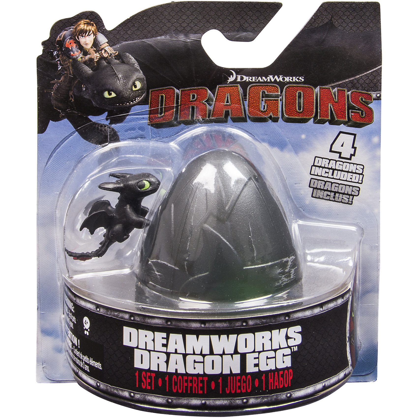 4 дракона в пластмассовом яйце, Dragons 4 дракона в пластмассовом яйце, DragonsКоллекционные и игровые фигурки<br>4 дракона в пластмассовом яйце, Dragons (Драконы), в ассортименте по мотивам мультфильма «Как приручить дракона» не оставит равнодушным ни одного ребенка! Под скорлупой яйца ты можешь обнаружить миниатюрные фигурки Беззубика, Громгильду, Громмеля Сардельку, Кривоклыка и других любимых персонажей. Яйцо можно открывать и закрывать.<br><br>Комплектация: яйцо, 4 разных дракончика<br><br>Дополнительная информация:<br>-Серия: Как приручить дракона<br>-Материалы: пластик<br>-Размеры в упаковке: 16х7х14 см<br>-Вес в упаковке: 200 г<br>-Размер фигурок: около 2 см<br>-В ассортименте: 6 наборов с черным, фиолетовым, серым, темно-зеленым, светло-красным и голубым яйцом (Заранее выбрать невозможно, при заказе нескольких возможно получение одинаковых)<br><br>Собери всю разноцветную компанию драконов и играй вместе с друзьями!<br><br>4 дракона в пластмассовом яйце, Dragons (Драконы), в ассортименте можно купить в нашем магазине.<br><br>Ширина мм: 160<br>Глубина мм: 142<br>Высота мм: 68<br>Вес г: 65<br>Возраст от месяцев: 36<br>Возраст до месяцев: 96<br>Пол: Мужской<br>Возраст: Детский<br>SKU: 3894433