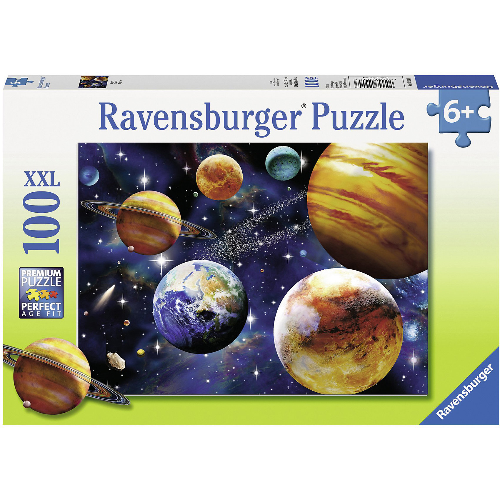 Пазл «Парад планет»XXL 100 деталей, Ravensburger Пазл «Парад планет»XXL 100 деталей, RavensburgerКлассические пазлы<br>Пазл «Парад планет»XXL 100 деталей, Ravensburger (Равенсбургер) – увлекательное времяпрепровождение для Вашего ребенка!<br>Пазл Ravensburger Парад планет, без сомнения, придется по душе вашему ребенку. Собрав этот пазл, он получит великолепную картину с изображением планет. Собирая картинку, ребенок развивает логическое мышление, воображение, мелкую моторику и умение принимать самостоятельные решения. Пазлы Ravensburger неповторимы и уникальны тем, что для их изготовления используется картон наивысшего класса, благодаря которому сложенные головоломки не сгибаются, сам картон не отделяется от картинки, а сложенная картинка представляется абсолютно плоской и не деформируется даже спустя время. Прочные детали не ломаются. Каждая деталь имеет свою форму и подходит только на своё место. Матовая поверхность исключает неприятные отблески. Изготовлено из экологического сырья.<br><br>Дополнительная информация:<br><br>- Количество деталей: 100<br>- Размер картинки: 36х49 см.<br>- Материал: прочный картон<br>- Размер коробки: 34 x 4 x 23 см.<br><br>Пазл «Парад планет»XXL 100 деталей, Ravensburger (Равенсбургер) можно купить в нашем интернет-магазине.<br><br>Ширина мм: 340<br>Глубина мм: 40<br>Высота мм: 230<br>Вес г: 567<br>Возраст от месяцев: 72<br>Возраст до месяцев: 144<br>Пол: Унисекс<br>Возраст: Детский<br>Количество деталей: 100<br>SKU: 3894980
