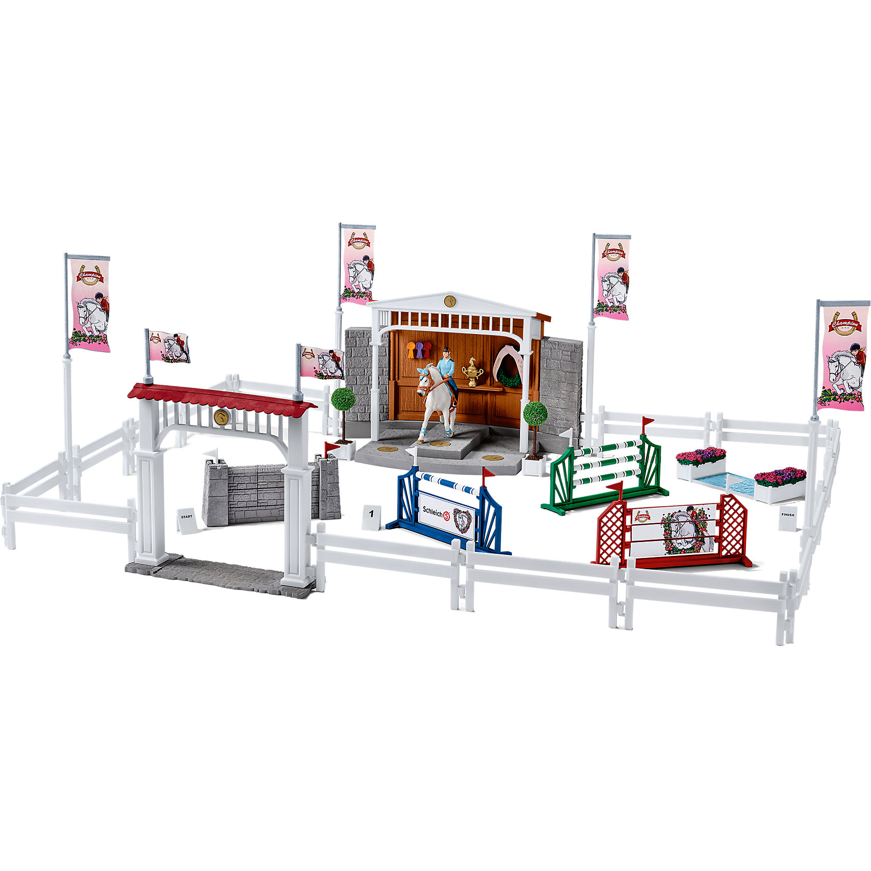 Набор для конных преград, Schleich Набор для конных преград, SchleichМир животных<br>Набор для конных преград, Schleich- это высококачественный игровой набор.<br><br> Замечательный игровой Набор для конных преград от немецкого производителя Schleich (Шляйх) приведет в восторг всех любителей игрушечных лошадей и всадников. <br><br>Набор позволит ребенку устроить увлекательные соревнования со своими любимыми лошадками. Превосходная белоснежная арена, яркие декоративные элементы и интересные препятствия понравятся каждому поклоннику фигурок лошадок Schleich и создадут праздничную и волнующую атмосферу скачек.<br>В набор входят детали для сборки игровой арены, ворота, препятствия и пьедестал победителя. <br>Фигурка наездницы с лошадью также входит в комплект. <br><br>Все фигурки сделаны из гипоаллергенных высокотехнологичных материалов, раскрашены вручную и не вызывают аллергии у ребенка.<br> <br>Продается в яркой подарочной коробке.<br><br>Дополнительная информация:<br><br>-Состав: Детали для сборки игровой арены, ворота, препятствия, пьедестал победителя, фигурка наездницы.<br>- Материал: каучуковый пластик, пластик.<br><br>Набор для конных преград, Schleich можно купить в нашем интернет-магазине.<br><br>Ширина мм: 405<br>Глубина мм: 393<br>Высота мм: 175<br>Вес г: 2793<br>Возраст от месяцев: 36<br>Возраст до месяцев: 96<br>Пол: Женский<br>Возраст: Детский<br>SKU: 3902592