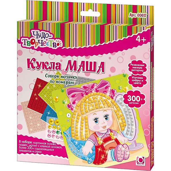 Самоклеющаяся мозаика Кукла Маша, Оригами Самоклеющаяся мозаика Кукла Маша, ОригамиМозаика детская<br>Самоклеющаяся мозаика Кукла Маша, Оригами – это творческая игра, в результате которой у детей получается замечательный «шедевр».<br>Самоклеющаяся мозаика Кукла Маша - увлекательная игрушка для детей, которая поможет изучить цвета и цифры. Отличие этой мозаики от обычной в том, что все ее детали имеют клейкую основу, их только нужно правильно разместить. Отклеивая и приклеивая элементы самоклеющейся мозаики, дети совершают тонкие манипуляции, тренируя тем самым мелкую моторику и усидчивость. Проявив внимательность и аккуратность, получится яркая и веселая картинка, которую можно повесить на стену или прикрепить с помощью магнита на холодильник.<br><br>Дополнительная информация:<br><br>- В наборе: картонная основа с картинкой (20x20см), более 300 самоклеющихся элементов и страз, подвес, магнит с клейкой основой<br>- Размер упаковки: 20,5 х 1,5 х 23 см.<br><br>Самоклеющуюся мозаику Кукла Маша, Оригами можно купить в нашем интернет-магазине.<br><br>Ширина мм: 205<br>Глубина мм: 230<br>Высота мм: 15<br>Вес г: 108<br>Возраст от месяцев: 48<br>Возраст до месяцев: 108<br>Пол: Женский<br>Возраст: Детский<br>SKU: 3911427