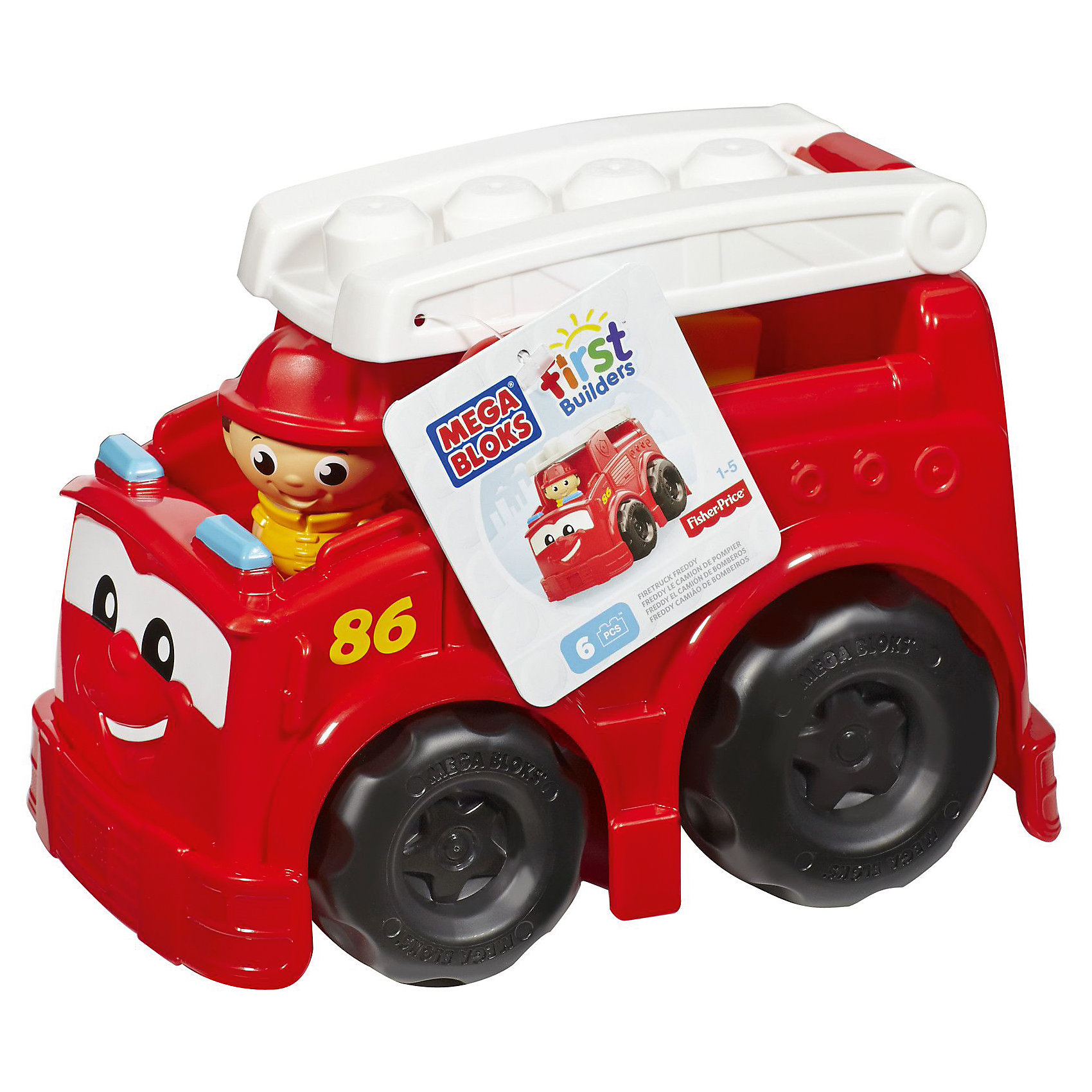 Пожарная машина Фредди First Builders, MEGA BLOKS Пожарная машина Фредди First Builders, MEGA BLOKSПластмассовые конструкторы<br>Пожарная машина Фредди First Builders Mega Bloks создана для храбрых пожарников, готовых прийти на помощь в любую минуту. Крупные колеса машины крутятся, чтобы отвезти маленького пожарника. Фигурку можно посадить на лестницу, находящуюся на крыше. Спереди у машины есть глазки и милая улыбка. Для создания сюжетно-ролевой игры, в комплекте есть 6 фрагментов конструктора. Все детали изготовлены из качественных материалов и абсолютно безопасны. Позвольте малышу почувствовать себя настоящим пожарником!<br><br>Дополнительная информация: <br>Материал: пластик<br>В комплекте: пожарная машина, лестница, фигурка пожарного, 6 деталей конструктора<br>Размер упаковки: 24x18x17 см<br><br>Пожарную машину Фредди First Builders Mega Bloks можно приобрести в нашем интернет-магазине.<br><br>Ширина мм: 269<br>Глубина мм: 197<br>Высота мм: 177<br>Вес г: 529<br>Возраст от месяцев: 12<br>Возраст до месяцев: 48<br>Пол: Унисекс<br>Возраст: Детский<br>SKU: 3920909