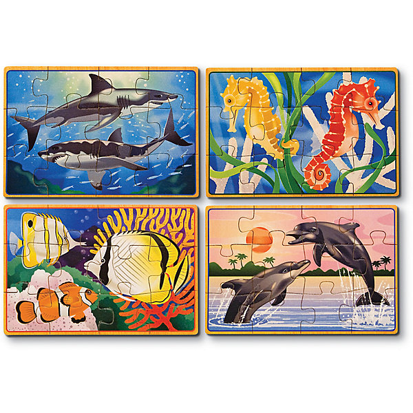 Деревянные пазлы Подводная жизнь, 4х12, Melissa & Doug Деревянные пазлы Подводная жизнь, 4х12, Melissa & DougПазлы для малышей<br>Пазлы - отличная игра! Они активно развивают пространственно-образное мышление и мелкую моторику, учат составлять целое из нескольких частей, активизируют логику и воображение. Деревянные пазлы Подводная жизнь от ведущего мирового производителя детских игрушек - компании Melissa & Doug обладают следующими особенностями:<br>- экологически чистые материалы, приятные на ощупь, безопасные красители;<br>- яркие цвета;<br>- 4 изображения: тропические рыбки, дельфины, акулы и морские коньки; <br>- каждая картинка состоит из 12 частей и обладает своей уникальной кодировкой на обратной стороне, что существенно облегчает сортировку;<br>- прочный деревянный ящик с 4 отсеками - для каждого подводного жителя свой.<br>Замечательная игра для детей и взрослых!<br><br>Дополнительная информация:<br>- Вес: 453 гр;<br>- Габариты: 140х190х60 мм;<br>- Рекомендуемый возраст: от 1 года с участием взрослых. <br><br>Деревянные пазлы Подводная жизнь Melissa & Doug можно купить в нашем магазине<br><br>Ширина мм: 140<br>Глубина мм: 190<br>Высота мм: 60<br>Вес г: 453<br>Возраст от месяцев: 36<br>Возраст до месяцев: 72<br>Пол: Унисекс<br>Возраст: Детский<br>Количество деталей: 12<br>SKU: 3927706