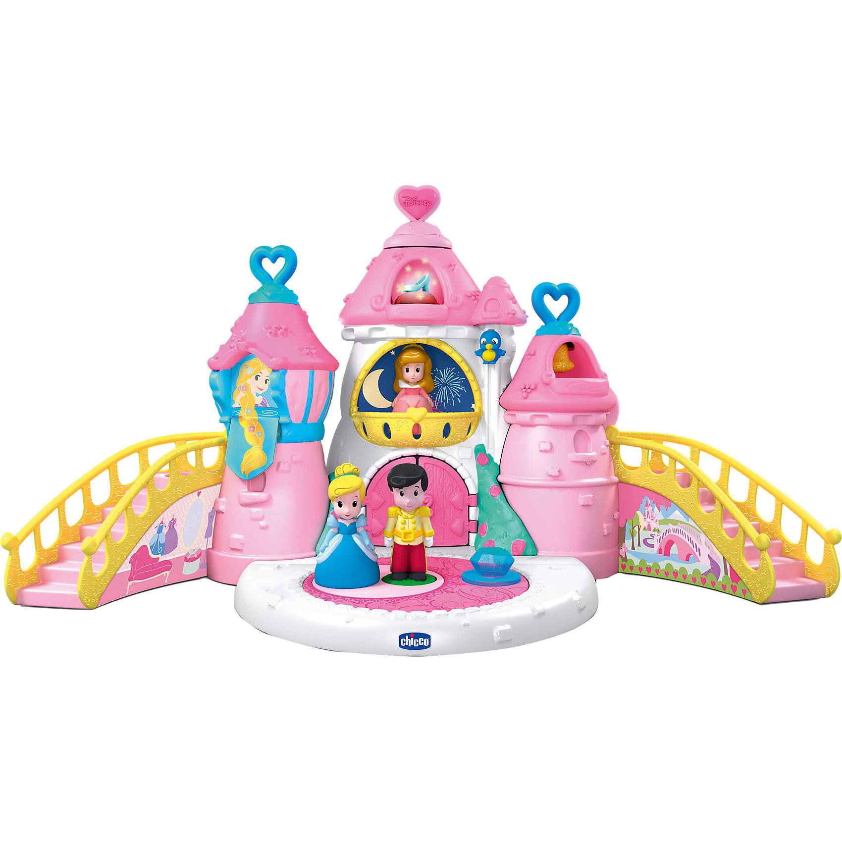 Волшебный замок Принцесс Disney, CHICCO Волшебный замок Принцесс Disney, CHICCOИнтерактивные игрушки для малышей<br>Волшебный замок Принцесс Disney, CHICCO (ЧИКО) – это замечательный игровой набор, который позволяет обыгрывать волшебные истории Disney.<br>Волшебный замок Принцесс Disney от Chicco (Чико) – это мечта любой девочки, красочный, яркий, он обязательно порадует вашего ребёнка. В замке живут три сказочных персонажа - Золушка, Спящая Красавица и Принц. У каждой принцессы есть своя комната в замке, где открываются окошки, а в одном из них появляется изображение еще одной всеми любимой сказочной принцессы Рапунцель! Добраться в свою комнату каждая из принцесс может по боковой лестнице или на специальном волшебном лифте с закрывающимися дверками, который приводится в движение, если ребенок потянет за маленькую птичку сбоку. При этом лифт может ехать как вверх, так и вниз под звуки чудесной мелодии. Во дворе замка есть танцевальная площадка для бала. На платформу ставится принц и принцесса и они начинают кружиться под звуки вальса, если малышка покрутит волшебный кристалл. При нажатии на сердечко на вершине центральной башни раздается волшебная мелодия, и туфелька Золушки загорается сказочными огоньками. Если принца поставить на площадку под окнами Рапунцель, то она спускает в окно свои великолепные волосы. При открывании дверей замка звучит духовой оркестр. Одно из сердечек на правой башне можно вытащить и играть им как колокольчиком-погремушкой. Игрушка развивает мелкую моторику, координацию движений, логическое мышление, причинно-следственные связи, а также воображение и фантазию.<br><br>Дополнительная информация:<br><br>- В наборе: комплектующие замка; 3 игровые фигурки; аксессуары; инструкция<br>- 18 мелодий и звуков<br>- Материал: пластик<br>- Батарейки: 3 типа ААА (не входят в комплект)<br>- Размер: 58х28,5х34 см.<br>- Размер упаковки: 38х28х34 см.<br>- Вес с упаковкой: 5 кг.<br><br>Игровой набор Волшебный замок Принцесс Disney, CHICCO (ЧИКО) можно купить в нашем интернет-магазине.<br><br>Ширина мм: 458<br>Глубина мм: 360<br>Высота мм: 193<br>Вес г: 2122<br>Возраст от месяцев: 18<br>Возраст до месяцев: 36<br>Пол: Женский<br>Возраст: Детский<br>SKU: 3943214