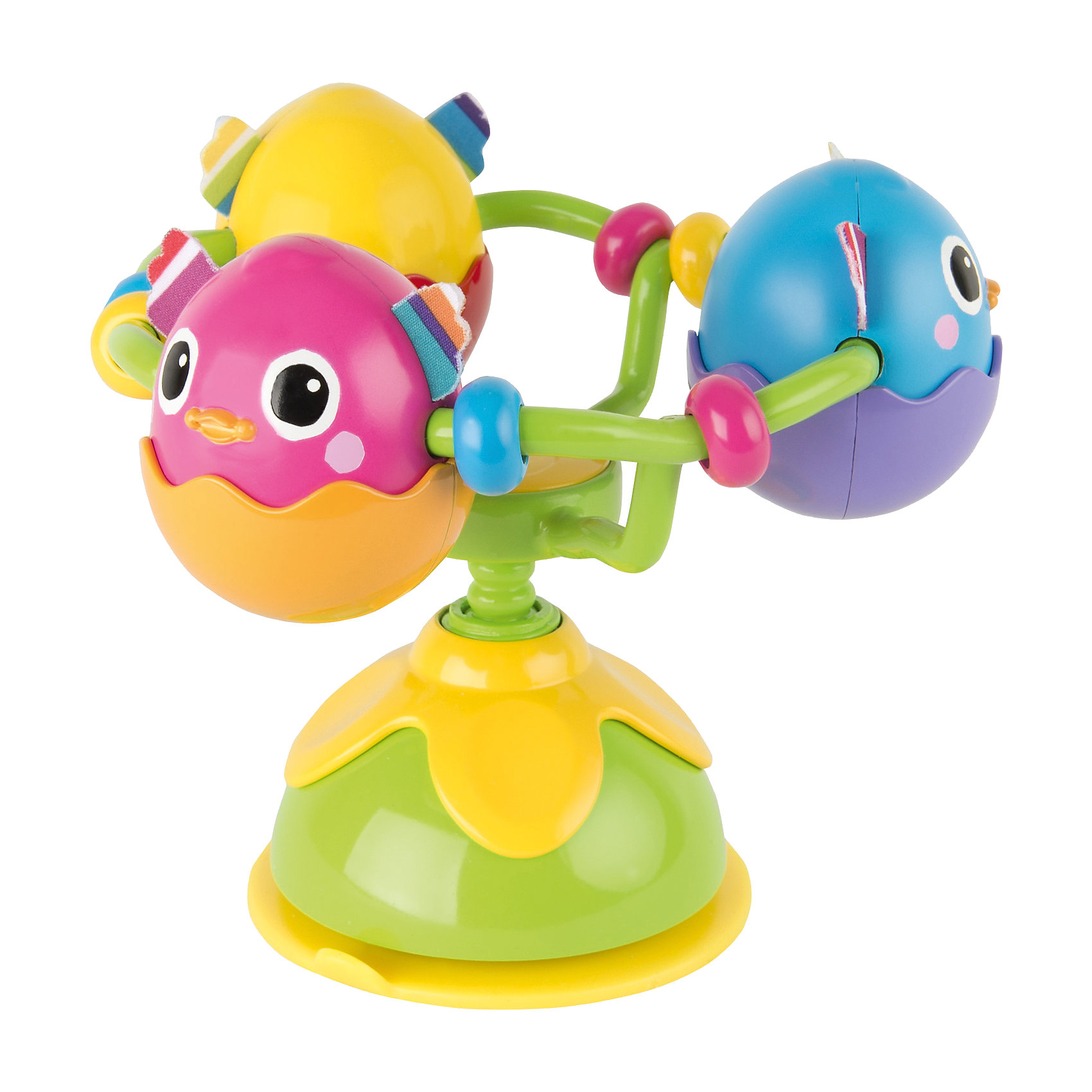 Игрушка с присоской Веселые яички, Lamaze Игрушка с присоской Веселые яички, LamazeВсё для праздника<br>Игрушка с присоской Веселые яички, Lamaze - забавная развивающая игрушка, которая обязательно понравится Вашему малышу. Игрушка выполнена в виде гнезда с тремя яичками, в которых сидят симпатичные разноцветные птенчики. В основании гнезда имеется мощная присоска, благодаря чему игрушку можно надежно прикрепить к любой поверхности - кроватке ребенка, стульчику для кормления, коляске или к стенке в ванной. Каждый птенчик оформлен в ярких цветах, с шуршащими текстильными крылышки, что стимулирует развитие тактильных и сенсорных навыков ребенка. Яички с птенцами вращаются на 360° градусов и при повороте издают забавные звуки птичьего щебетанья. Игрушка способствует развитию воображения и познавательной активности, учит причинно-следственным связям, тренирует мелкую моторику.<br><br>Дополнительная информация:<br><br>- Материал: пластик, текстиль.<br>- Размер игрушки: 8,9 x 24,1 x 9,5 см.<br>- Вес: 191 гр.<br><br>Игрушку с присоской Веселые яички, Lamaze, можно купить в нашем интернет-магазине.<br><br>Ширина мм: 240<br>Глубина мм: 187<br>Высота мм: 187<br>Вес г: 326<br>Возраст от месяцев: 6<br>Возраст до месяцев: 24<br>Пол: Унисекс<br>Возраст: Детский<br>SKU: 3965942