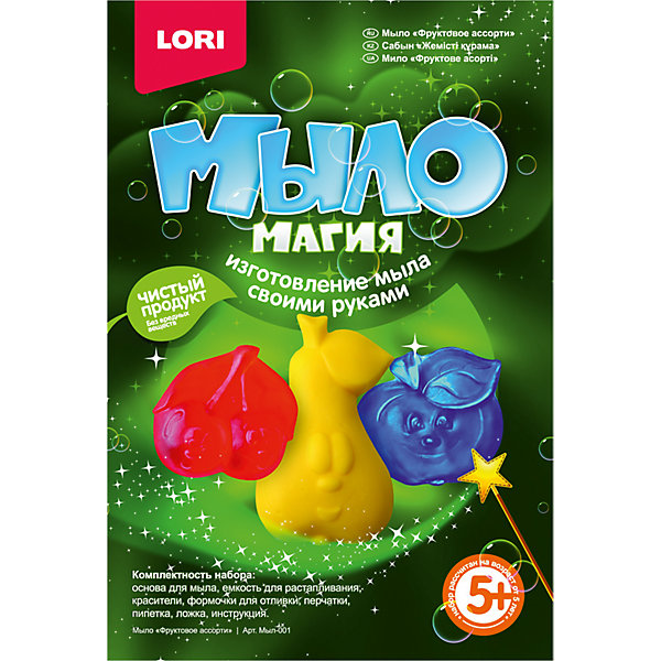 МылоМагия Фруктовое ассорти, LORI МылоМагия Фруктовое ассорти, LORIНаборы для создания мыла<br>МылоМагия Фруктовое ассорти, Lori - увлекательный набор для творчества, который познакомит ребенка с процессом мыловарения и позволит создать своими руками оригинальное ароматное мыло. В комплекте Вы найдете все необходимые материалы и инструменты: мыльную основу, емкость для растапливания, красители, формочки для отливки, инструкцию и многое другое.<br><br>Процесс создания мыла очень увлекателен и не представляет сложностей для ребенка. Итогом работы станет оригинальное мыло с необычным дизайном в форме сочных фруктов.<br>Мыло ручной работы можно использовать как для умывания, так и в качестве подарка друзьям и родным. Набор развивает творческое мышление, аккуратность, мелкую моторику.<br><br>Дополнительная информация:<br><br>- В комплекте: мыльная основа, красители, формы для отливки, емкость для растапливания, ложка, пипетка, перчатки, подробная инструкция.<br>- Средний размер формы: 5 х 5 см.<br>- Размер упаковки: 24,5 х 16,5 х 5 см. <br>- Вес: 0,33 кг.<br><br>Набор МылоМагия Фруктовое ассорти, Lori можно купить в нашем интернет-магазине.<br><br>Ширина мм: 240<br>Глубина мм: 160<br>Высота мм: 55<br>Вес г: 310<br>Возраст от месяцев: 60<br>Возраст до месяцев: 108<br>Пол: Унисекс<br>Возраст: Детский<br>SKU: 3970824