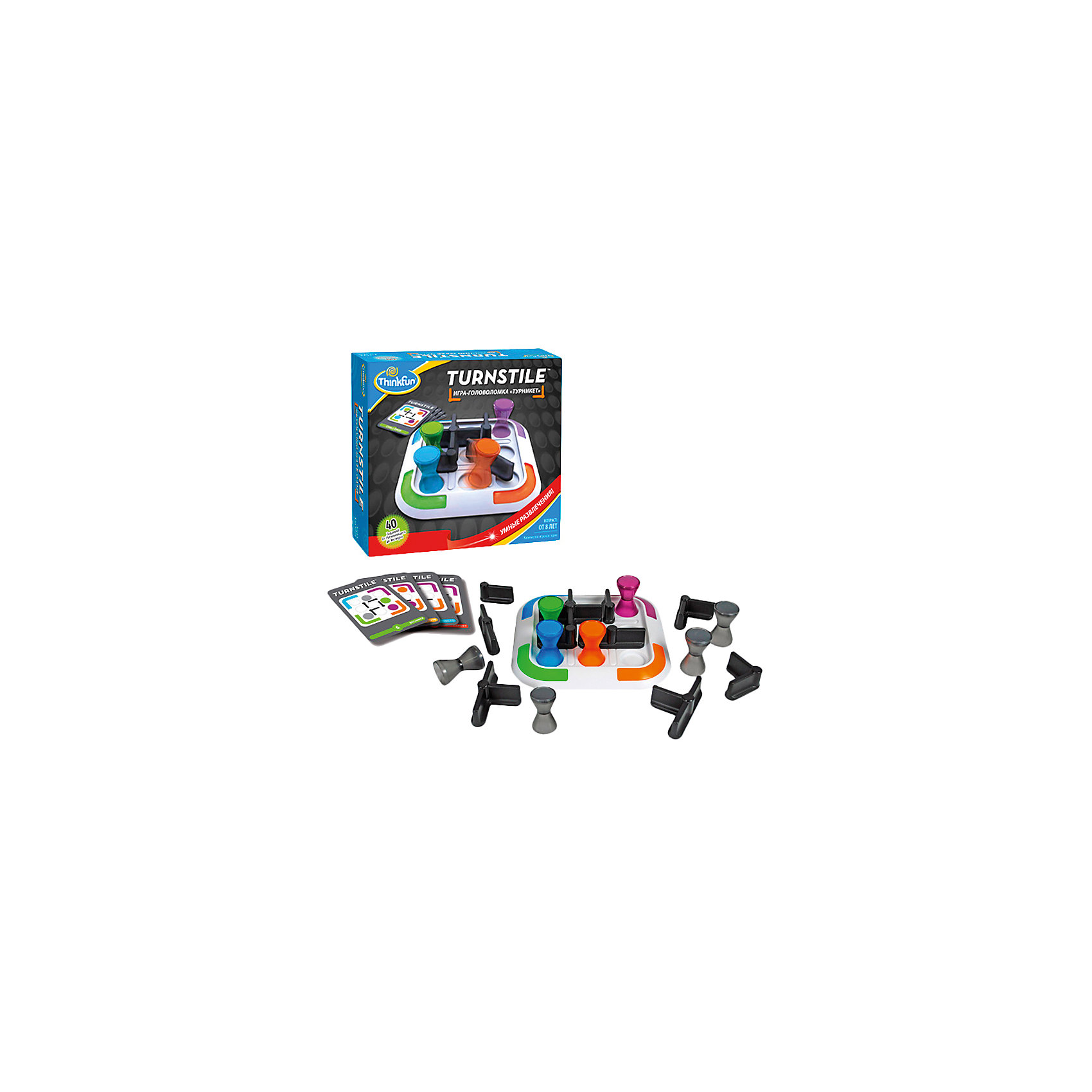 Игра Турникет, ThinkFun Игра Турникет, ThinkFunГоловоломки<br>Эта увлекательная игра обязательно понравится вашему ребенку и разнообразит его досуг. Ее можно брать с собой куда угодно и весело играть вместе с друзьями. Принцип игры: надо переместить все цветные фигурки в углы игрового поля, в соответствии с их цветом. Карточки содержат задания четырех уровней сложности. На обратных сторонах у них приведены решения соответствующих заданий. Выберите карточку с заданием и расположите фигурки на игровом поле в соответствии со схемой, представленной на карточке. Игрок может перемещать любую фигурку, стараясь привести её в свой угол игрового поля (в соответствии с цветом фишки), вращая при этом турникеты. <br>Игра прекрасно развивает внимание, мышление, память, в нее можно играть, как одному, так и с компанией. <br><br>Дополнительная информация:<br><br>- Комплектация: игровое поле - 1 шт, фишки цветные - 4 шт, фишки серые - 4 шт, турникеты различной конфигурации - 10, карточки с заданиями - 40 шт, фирменный мешочек, инструкция.<br>- Материал: картон, пластик<br>- Размер игрового поля: 17 х 17 см. <br>- Размер фишки: 4,5 см. <br><br>Игру Турникет, ThinkFun можно купить в нашем магазине.<br><br>Ширина мм: 225<br>Глубина мм: 64<br>Высота мм: 203<br>Вес г: 610<br>Возраст от месяцев: 96<br>Возраст до месяцев: 2147483647<br>Пол: Унисекс<br>Возраст: Детский<br>SKU: 3972649