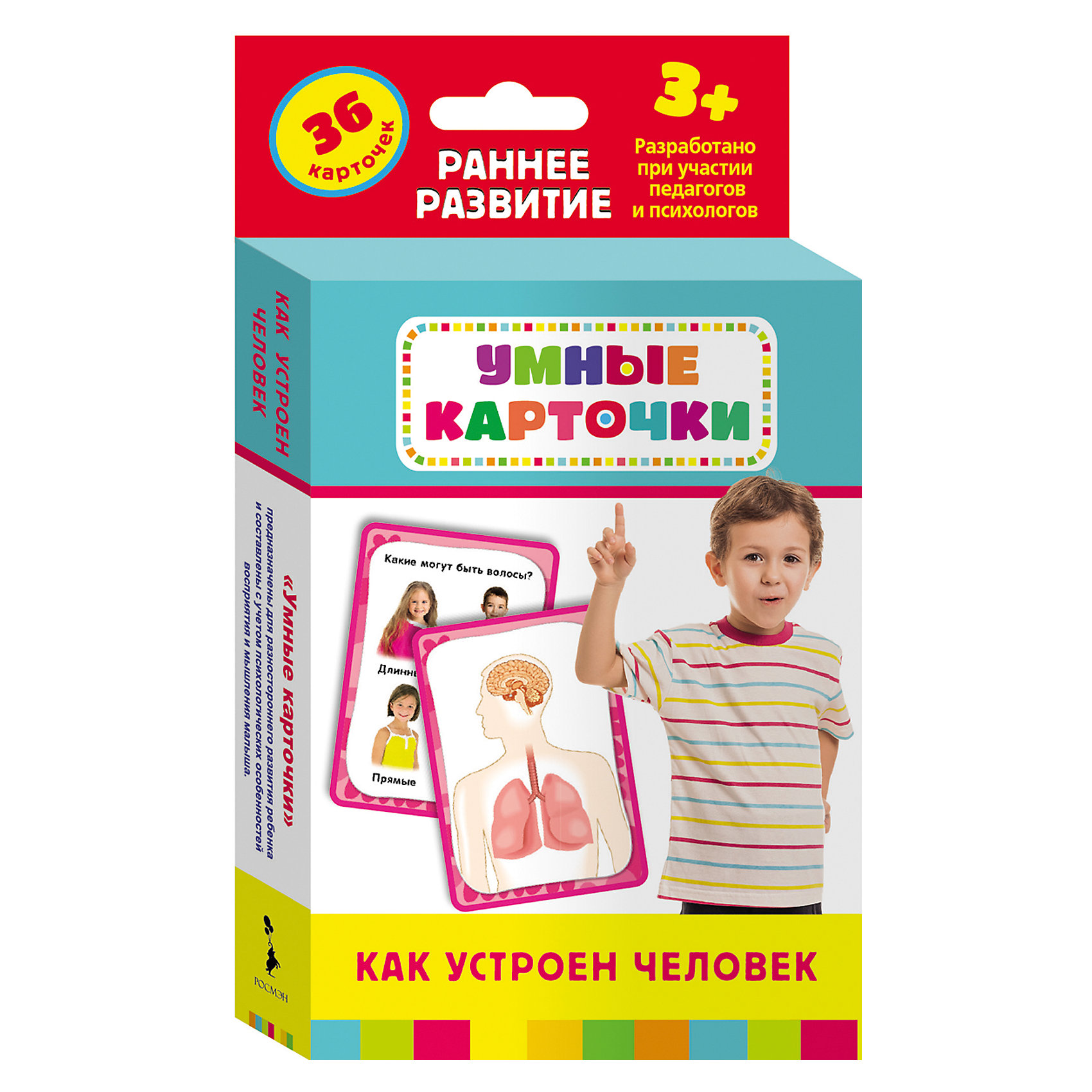 Развивающие карточки Как устроен человек, Умные карточки Развивающие карточки Как устроен человек, Умные карточкиОбучающие карточки<br>Развивающие карточки Как устроен человек, Росмэн - это уникальный комплект игр и заданий, направленный на эффективное развитие ребенка.<br>Набор карточек Как устроен человек познакомит вашего ребенка с названием частей тела, со строением человеческого организма. Состоит из 36 картонных карточек с красочными картинками, интересными заданиями, занимательными играми и методическими рекомендациями. Активные игры, включенные в комплект, будут способствовать развитию координации движений и запоминанию частей тела в действии. Карточки составлены с учетом особенностей восприятия и мышления малышей. Разработаны при участии педагогов и психологов. Игровой набор способствует развитию речи, кругозора, мышления, воображения и внимательности.<br><br>Дополнительная информация:<br><br>- Редактор: Беляева Т.<br>- В комплекте: 36 карточек<br>- Издательство: Росмэн<br>- Серия: Умные карточки<br>- Материал: картон<br>- Размер упаковки: 170 x 95 x 25 мм.<br>- Вес: 160 г<br>- Иллюстрации: цветные<br><br>Развивающие карточки Как устроен человек, Росмэн можно купить в нашем интернет-магазине.<br><br>Ширина мм: 170<br>Глубина мм: 95<br>Высота мм: 25<br>Вес г: 160<br>Возраст от месяцев: 36<br>Возраст до месяцев: 60<br>Пол: Унисекс<br>Возраст: Детский<br>SKU: 3998158