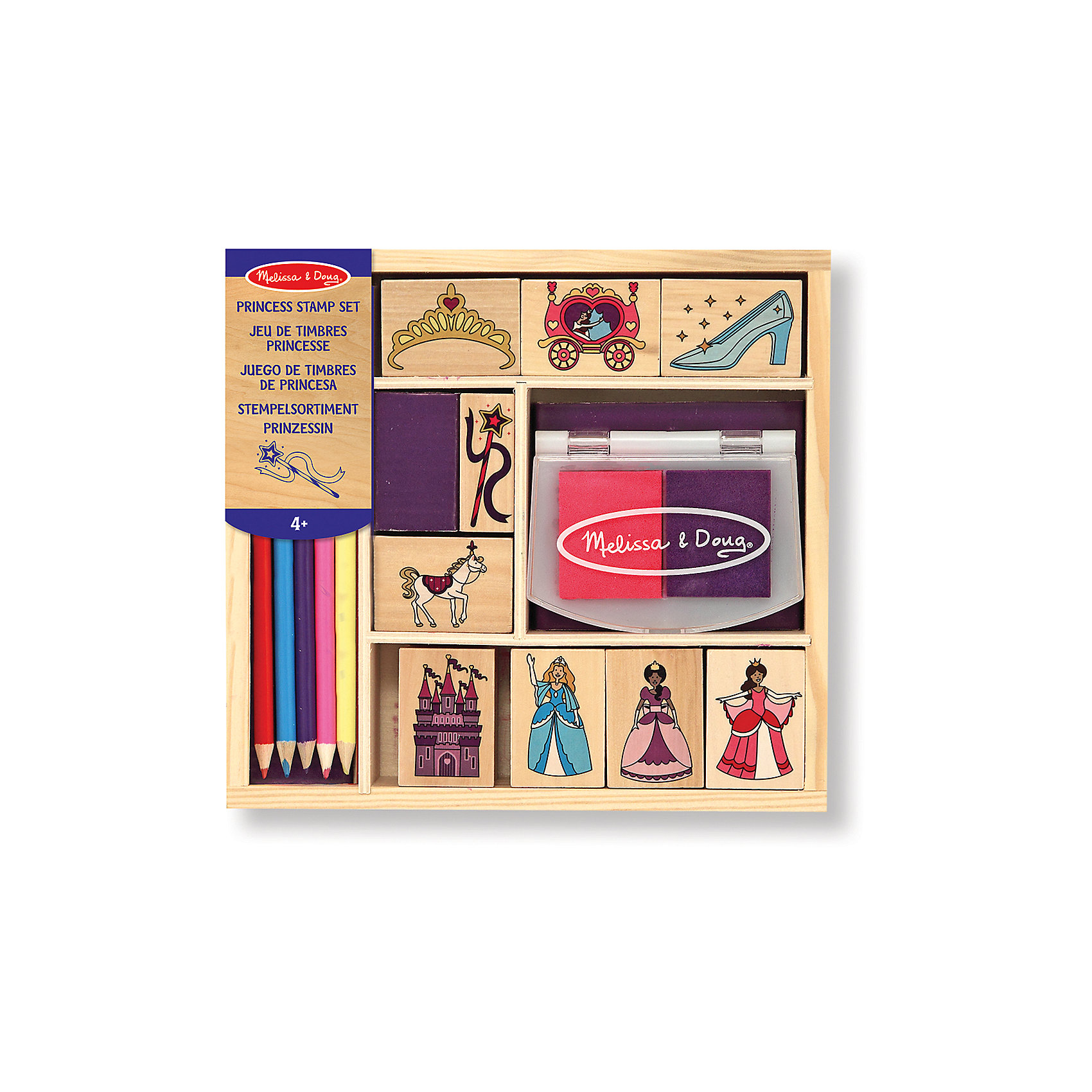 Набор печатей Принцессы, Melissa & Doug Набор печатей Принцессы, Melissa & DougРисование<br>С Набором печатей Принцессы, Melissa & Doug (Мелисса и Даг) Ваша девочка сможет создавать красочные картинки и придумывать сказочные сюжеты из жизни принцесс. Печати необходимо обмакнуть в чернила и сделать оттиск на поверхности. Изображение получается красочным и четким. Контуры получившегося изображения можно раскрашивать карандашами, также входящими в набор. Благодаря такому творческому набору Ваша девочка сможет сделать красочную картину или украсить свою тетрадь, личный дневник или поздравительную открытку. Чернила с печатей легко смываются водой, и ребенок сможет неоднократно создавать яркие разноцветные и веселые картинки. Набор для творчества упакован в деревянную коробку.<br><br>Комплектация: 2 губки, 5 цветных карандашей, 9 печатей с изображениями, чернила розового и фиолетового цвета, деревянная коробочка<br><br>Дополнительная информация:<br>-Материал: дерево, чернила, прессованный картон, ПВХ<br>-Размер упаковки: 22х20,3х4 см<br>-Вес: 680 г<br><br>Пусть Ваш ребенок развивает свои творческие способности, воображение и моторику рук, создавая удивительные картины при помощи увлекательного набора печатей «Принцессы».<br><br>Набор печатей Принцессы, Melissa & Doug (Мелисса и Даг) можно купить в нашем магазине.<br><br>Ширина мм: 220<br>Глубина мм: 200<br>Высота мм: 200<br>Вес г: 650<br>Возраст от месяцев: 48<br>Возраст до месяцев: 180<br>Пол: Женский<br>Возраст: Детский<br>SKU: 4008261