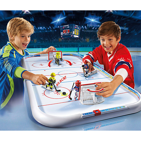 Хоккейная арена, PLAYMOBIL Хоккейная арена, PLAYMOBILПластмассовые конструкторы<br>С этим замечательным набором можно играть в хоккей не выходя из дома! В комплекте 4 хоккеиста: 2 вратаря и 2 игрока. С помощью специальной подставки можно управлять хоккеистами. Для этого установите фигурку на подставку, оттяните рычажок и отпустите его. Вратари крепятся на специальные держатели, которые поворачиваются влево и вправо для защиты ворот. Фигурки имеют подвижные конечности, в руки можно вложить различные предметы. Все детали прекрасно проработаны и выполнены из высококачественного экологичного пластика безопасного для детей. Играть с таким набором не только приятно и интересно - подобные виды игры развивают мелкую моторику, воображение, творческое мышление.<br><br>Дополнительная информация:<br><br>- 4 фигурки в наборе.<br>- Комплектация: 4 фигурки, арена, ворота (2 шт), клюшки (4 шт), пусковой механизм (2 шт), шайба (4 шт), наклейки, подставка (2 шт).<br>- Материал: пластик.<br>- Размер упаковки: 58,5х50х10 см.<br>- Высота фигурки: 7,5 см.<br>- Голова, руки, ноги у фигурок подвижные.<br>- Пушка стреляет.<br>- Борт можно снять, чтобы пропустить на лед машину для заливки льда (не входит в комплект).<br><br>Набор Хоккейная арена, PLAYMOBIL (Плеймобил), можно купить в нашем магазине.<br><br>Ширина мм: 579<br>Глубина мм: 495<br>Высота мм: 95<br>Вес г: 1992<br>Возраст от месяцев: 60<br>Возраст до месяцев: 120<br>Пол: Мужской<br>Возраст: Детский<br>SKU: 4012492
