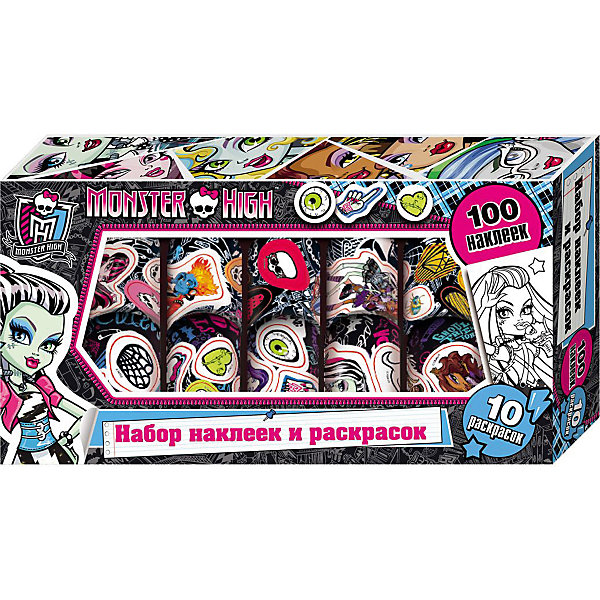 Набор наклеек и раскрасок в коробке, Monster High Набор наклеек и раскрасок в коробке, Monster HighКнижки с наклейками<br>Набор наклеек и раскрасок в коробке, Monster High, станет приятным сюрпризом для юных поклонниц популярного мультсериала Школа Монстров. В комплект входят 100 рулонных наклеек и 10 листов раскрасок с изображениями очаровательных девчонок-монстров. Красочными наклейками можно украсить свои вещи и канцелярские принадлежности или изготовить с их помощью красивые открытки. Комплект упакован в яркую стильную коробочку с прозрачным окошком.<br><br>Дополнительная информация:<br><br>- Материал: бумага.<br>- Размер: 24,5 х 13 х 4 см.<br>- Вес: 172 гр.<br><br>Набор наклеек и раскрасок в коробке, Monster High, можно купить в нашем интернет-магазине.<br><br>Ширина мм: 245<br>Глубина мм: 130<br>Высота мм: 40<br>Вес г: 172<br>Возраст от месяцев: 60<br>Возраст до месяцев: 144<br>Пол: Женский<br>Возраст: Детский<br>SKU: 4046769