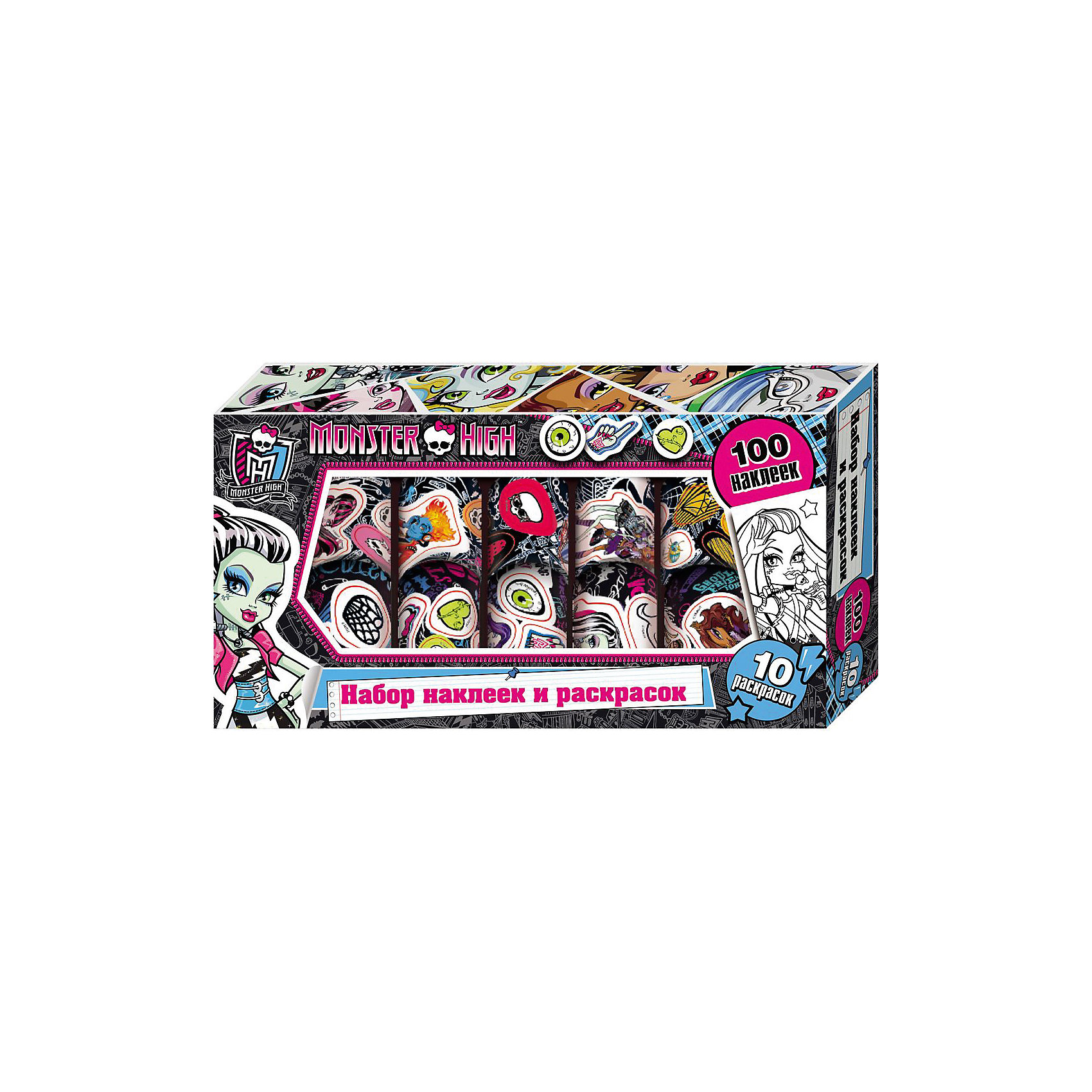 Набор наклеек и раскрасок в коробке, Monster High Набор наклеек и раскрасок в коробке, Monster HighMonster High<br>Набор наклеек и раскрасок в коробке, Monster High, станет приятным сюрпризом для юных поклонниц популярного мультсериала Школа Монстров. В комплект входят 100 рулонных наклеек и 10 листов раскрасок с изображениями очаровательных девчонок-монстров. Красочными наклейками можно украсить свои вещи и канцелярские принадлежности или изготовить с их помощью красивые открытки. Комплект упакован в яркую стильную коробочку с прозрачным окошком.<br><br>Дополнительная информация:<br><br>- Материал: бумага.<br>- Размер: 24,5 х 13 х 4 см.<br>- Вес: 172 гр.<br><br>Набор наклеек и раскрасок в коробке, Monster High, можно купить в нашем интернет-магазине.<br><br>Ширина мм: 245<br>Глубина мм: 130<br>Высота мм: 40<br>Вес г: 172<br>Возраст от месяцев: 60<br>Возраст до месяцев: 144<br>Пол: Женский<br>Возраст: Детский<br>SKU: 4046769