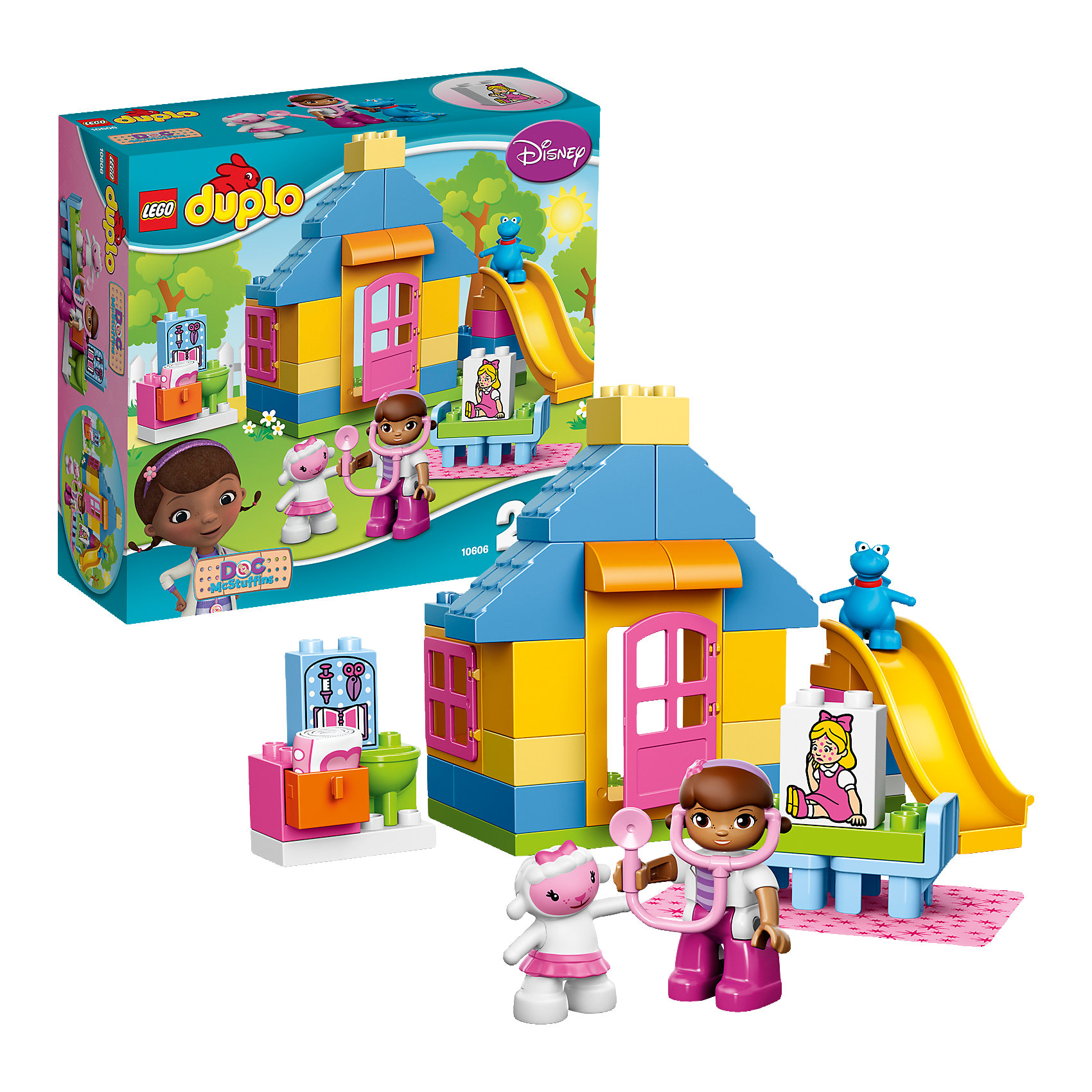 LEGO DUPLO 10606: Больница Доктора Плюшевой LEGO DUPLO 10606: Больница Доктора ПлюшевойПластмассовые конструкторы<br>Замечательная новинка от LEGO DUPLO (ЛЕГО Дупло) 10606: Больница Доктора Плюшевой! Маленький доктор и ее замечательные помощники Ламби и Стаффи готовы помочь всем, кто попал в беду. Если Ваш малыш обожает сериал Доктор Плюшева, то конструктор Больница Доктора Плюшевой - приведет кроху в полный восторг. Сконструировав собственную больницу и поставив себя на место врача, малыш не будет бояться ходить в больницу. На территории красочного медицинского пункта есть все необходимое: кроватка для больного с одеяльцем, ящичек для инструментов, умывальник и даже горка для выздоравливающих. И вот Доктор Плюшева узнает о происшествии: бедняжка Сьюзи заболела и пришла в больницу на прием. Чтобы игра была интереснее, в комплекте есть кубик с изображением здоровой и больной Сьюзи и даже маленький стетоскоп! Доктор Плюшева обязательно поможет Сьюзи и всем кто попал в беду. Строя здание больницы, кушетку и просто соединяя детали конструктора между собой, ребёнок в увлекательной игровой форме тренирует мелкую моторику и координацию. Создайте милые и увлекательные сюжеты с набором LEGO DUPLO (ЛЕГО Дупло) 10606: Больница Доктора Плюшевой или объедините его с другими наборами серии и игра станет еще увлекательнее! <br><br>Конструкторы LEGO DUPLO (ЛЕГО ДУПЛО) созданы специально для детей дошкольного возраста. Они сочетают увлекательную игру и обучение, а также развивают мелкую моторику, пространственное мышление и творческие способности малышей. Кубики LEGO DUPLO (ЛЕГО ДУПЛО) в 8 раз больше, чем обычные, что позволяет ребенку удобно держать их ручками и быстро строить. Большое количество дополнительных элементов делает игровые сюжеты по-настоящему захватывающими и реалистичными. Все наборы LEGO DUPLO (ЛЕГО ДУПЛО) соответствуют самым высоким европейским стандартам качества и абсолютно безопасны. <br><br>Дополнительная информация:<br><br>- Конструкторы LEGO (ЛЕГО) отлично развивают моторику, мышление и фантазию Вашего ребенка;<br>- В комплекте: минифигурка доктора Плюшевой, детали набора;<br>- Количество деталей: 39 шт;<br>- Идеальный первый конструктор;<br>- Серия: LEGO DUPLO (ЛЕГО Дупло);<br>- Материал: безопасный пластик.<br><br>Конструктор LEGO DUPLO (ЛЕГО Дупло) 10606: Больница Доктора Плюшевой можно купить в нашем магазине.<br><br>Ширина мм: 285<br>Глубина мм: 263<br>Высота мм: 96<br>Вес г: 600<br>Возраст от месяцев: 24<br>Возраст до месяцев: 60<br>Пол: Унисекс<br>Возраст: Детский<br>SKU: 4047358