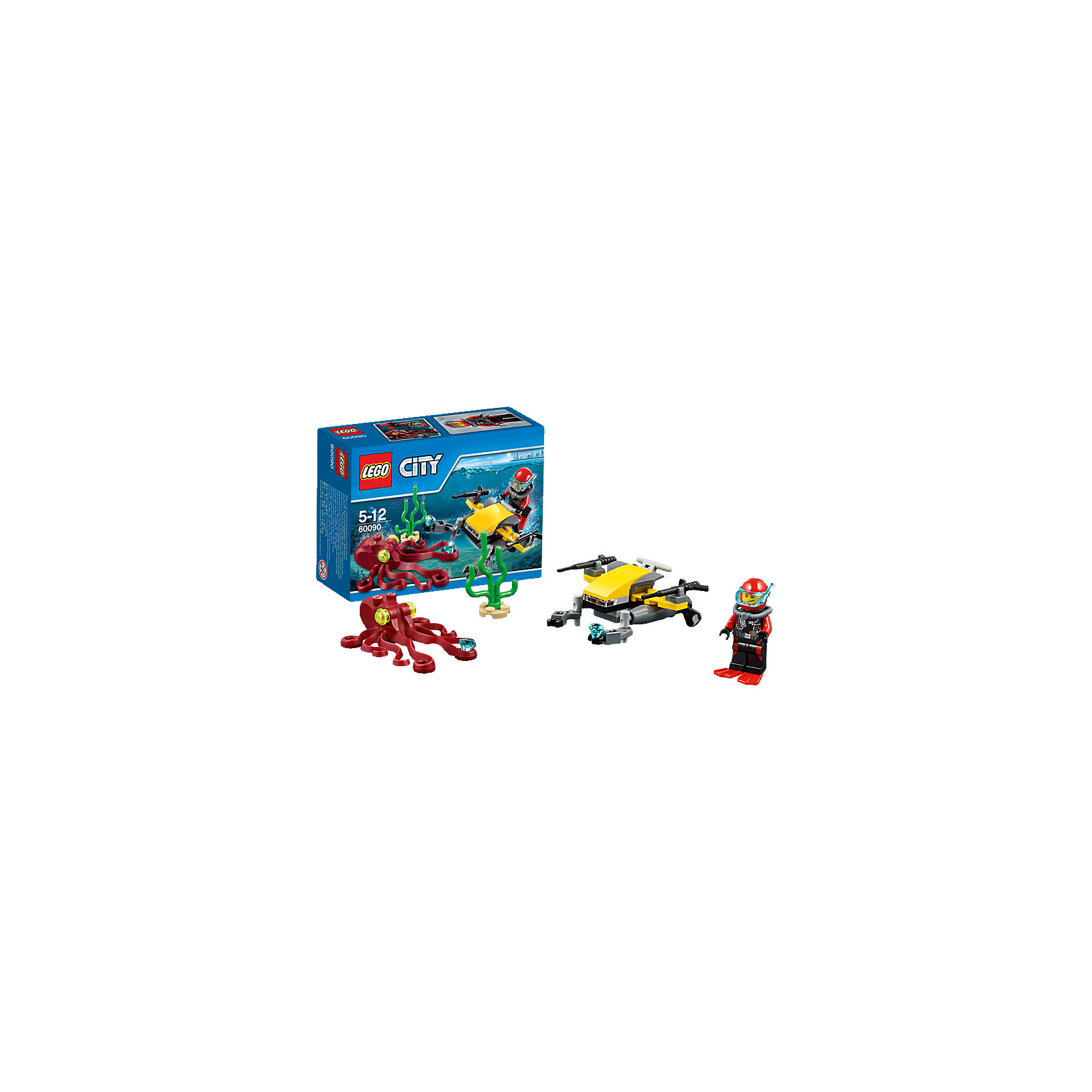 LEGO City 60090: Глубоководный скутер LEGO City 60090: Глубоководный скутерЗамечательная новинка 2015 года от LEGO City (ЛЕГО Сити) 60090: Глубоководный скутер. Искать сокровища в морских глубинах может только самый отважный искатель приключений! Но с новейшим глубоководным скутером эта задача по силам смельчаку-аквалангисту. Направляйте скутер прямо под воду, ведь в прозрачной морской воде отличный обзор. Когда аквалангист заметил что-то интересное, в дело вступают роботизированные захваты: они ни за что не упустят добычу. Однако добыть заветный кристалл не так просто: гигантский осьминог притаился в водорослях! Он спрятал драгоценный кристалл в своих щупальцах. Одолей осьминога с помощью подводных ружей, которыми оборудован скутер. Обмани осьминога и завладей кристаллом, а надежный и маневренный скутер легко доставит героя обратно на берег.<br><br>В необычном городе LEGO City непременно найдется место и строгим полицейским, и доброжелательным местным жителям, и заботливым работникам скорой помощи, а также всевозможным животным и красивым цветам и растениям. Используя детали из серии LEGO City (ЛЕГО Сити) можно создать практически любой сюжет городской жизни мегаполиса. Подсерия LEGO City (ЛЕГО Сити) Дайвинг включает в себя наборы, посвященные подводным приключениям. Каждый набор позволяет собрать интересную модель, а также предлагает игровые минифигурки и тематические аксессуары.<br><br>Дополнительная информация:<br><br>- Конструкторы LEGO City (ЛЕГО Сити) развивают тактильные ощущения и помогают ребенку познавать строение мира;<br>- Количество деталей: 42 шт;<br>- В набор входит 1 минифигурка аквалангиста;<br>- Серия: LEGO City (ЛЕГО Сити);<br>- Материал: пластик;<br>- Размер упаковки: 12,2 х 9,1 х 4,7 см;<br>- Вес: 0,3 кг<br><br>Конструктор LEGO City (ЛЕГО Сити) 60090: Глубоководный скутер, можно купить в нашем интернет-магазине.<br><br>Ширина мм: 123<br>Глубина мм: 90<br>Высота мм: 51<br>Вес г: 55<br>Возраст от месяцев: 60<br>Возраст до месяцев: 144<br>Пол: Мужской<br>Возраст: Детский<br>SKU: 4047376