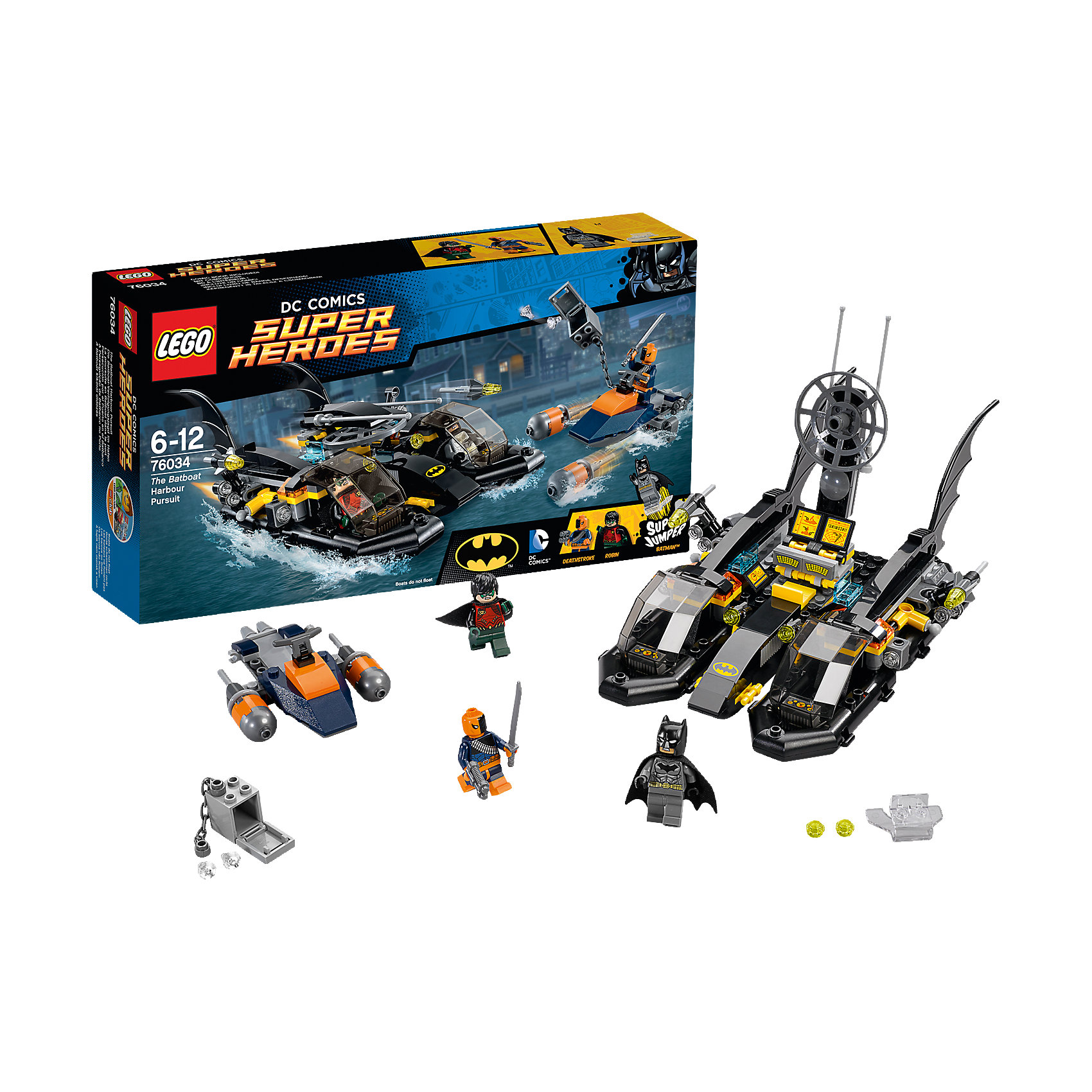 LEGO Super Heroes 76034: Погоня в бухте на Бэткатере LEGO Super Heroes 76034: Погоня в бухте на БэткатереБэтмен<br>Замечательная новинка 2015 года от LEGO Super Heroes (ЛЕГО Супер Герои) 76034: Погоня в бухте на Бэткатере. Дезстроук организовал масштабное ограбление. В его руках оказались алмазы огромной ценности. Он продумал все до мелочей: умчать его от преследователей должен реактивный катер. Однако скрыться от блюстителей порядка не так легко. Поручить такую отважную миссию можно только прославленным героям: Бэтмену и Робину. С помощью сверхмощных радаров герои быстро отслеживают местонахождение преступника. И начинается погоня. Героям приходится нелегко: ракеты Дезстроука разят точно в цель. Дезстроук передвигается прыжками, надеясь обмануть радар преследователей и скрыться из виду. Бэткатер стремительно передвигается на воздушной подушке, но каким будет исход погони решать только тебе!<br><br>LEGO Super Heroes (ЛЕГО Супер Герои) - серия конструкторов созданная специально по мотивам всеми известных комиксов. Спасай мир и борись со злом вместе с любимыми супергероями! Наборы серии можно комбинировать между собой, давая безграничный простор для фантазии и придумывая свои новые истории. <br><br>Дополнительная информация:<br><br>- Конструкторы LEGO (ЛЕГО) развивают усидчивость, внимание, фантазию и мелкую моторику; <br>- В комплекте 3 минифигурки с аксессуарами: Бэтмен, Робин, Дезстроук;<br>- Количество деталей: 264 шт;<br>- Серия ЛЕГО Супер Герои (LEGO Super Heroes);<br>- Материал: пластик;<br>- Размер: 35,4 х 19,1 х 7 см;<br>- Вес: 0,5 кг<br><br>Конструктор LEGO Super Heroes (ЛЕГО Супер Герои) 76034: Погоня в бухте на Бэткатере, можно купить в нашем магазине.<br><br>Ширина мм: 356<br>Глубина мм: 192<br>Высота мм: 76<br>Вес г: 501<br>Возраст от месяцев: 72<br>Возраст до месяцев: 144<br>Пол: Мужской<br>Возраст: Детский<br>SKU: 4047384