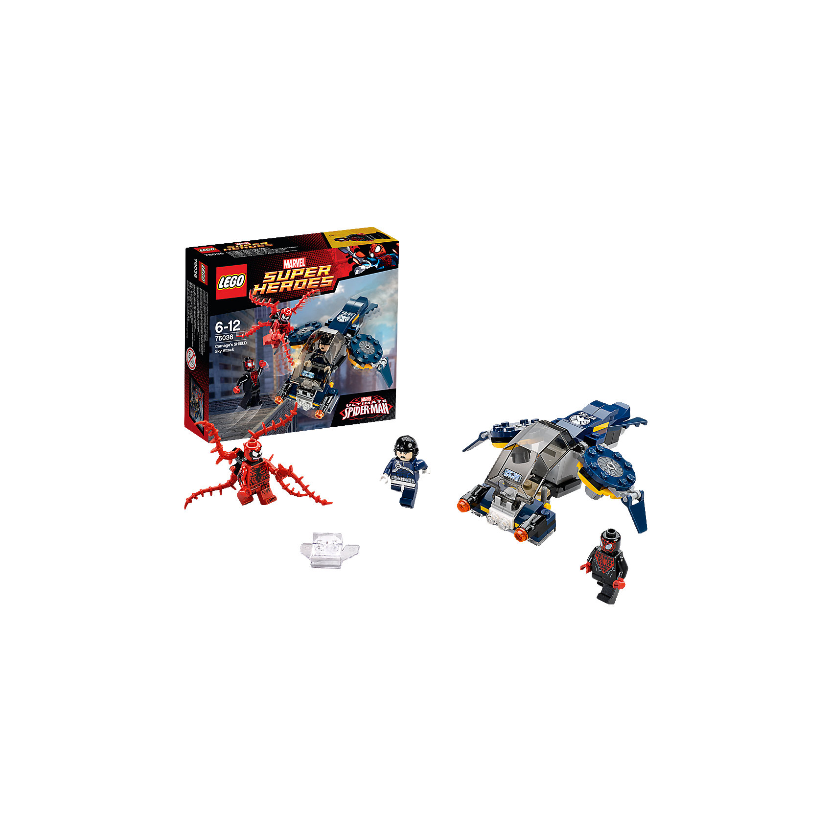 LEGO Super Heroes 76036: Воздушная атака Карнажа LEGO Super Heroes 76036: Воздушная атака КарнажаПластмассовые конструкторы<br>Замечательная новинка 2015 года от LEGO Super Heroes (ЛЕГО Супер Герои) 76036: Воздушная атака Карнажа. Почувствуй себя супергероем, который может справиться даже с самым коварным противником! Злодей Карнаж снова замыслил преступление: он сбежал из тюрьмы и готовит новые преступления. Но его коварным планам не суждено сбыться. На поимку беглеца отправляется храбрый агент ЩИТа, он надеется поймать беглеца по горячим следам, пока он не натворил новых дел. Набор Воздушная атака Карнажа предлагает юным конструкторам создать множество захватывающих сюжетов: агент возвращает Карнажа в тюрьму или Карнаж оказывает сопротивление, агент вызывает на помощь подкрепление или Карнаж готовит засаду! С помощью деталей набора можно собрать реактивный самолет, который станет надежным помощником агента ЩИТа. Но отбить атаку щупалец Карнажа не так просто: в ход идут шипованные шутеры, которыми оборудован самолет. Силы не равны и на помощь агенту спешит легендарный Человек-паук. От ловких сетей Человека-паука еще не скрылся ни один преступник! Каким будет исход поединка решать тебе!<br><br>LEGO Super Heroes (ЛЕГО Супер Герои) - серия конструкторов созданная специально по мотивам всеми известных комиксов. Спасай мир и борись со злом вместе с любимыми супергероями! Наборы серии можно комбинировать между собой, давая безграничный простор для фантазии и придумывая свои новые истории. <br><br>Дополнительная информация:<br><br>- Конструкторы LEGO (ЛЕГО) развивают усидчивость, внимание, фантазию и мелкую моторику; <br>- В комплекте 3 минифигурки: Карнаж, агент ЩИТа и Человек-паук;<br>- Количество деталей: 97 шт;<br>- Серия ЛЕГО Супер Герои (LEGO Super Heroes);<br>- Материал: пластик;<br>- Размер: 15,7 х 14,1 х 4,5 см;<br>- Вес: 0,3 кг<br><br>Конструктор LEGO Super Heroes (ЛЕГО Супер Герои) 76036: Воздушная атака Карнажа, можно купить в нашем магазине.<br><br>Ширина мм: 161<br>Глубина мм: 142<br>Высота мм: 48<br>Вес г: 122<br>Возраст от месяцев: 72<br>Возраст до месяцев: 144<br>Пол: Мужской<br>Возраст: Детский<br>SKU: 4047387