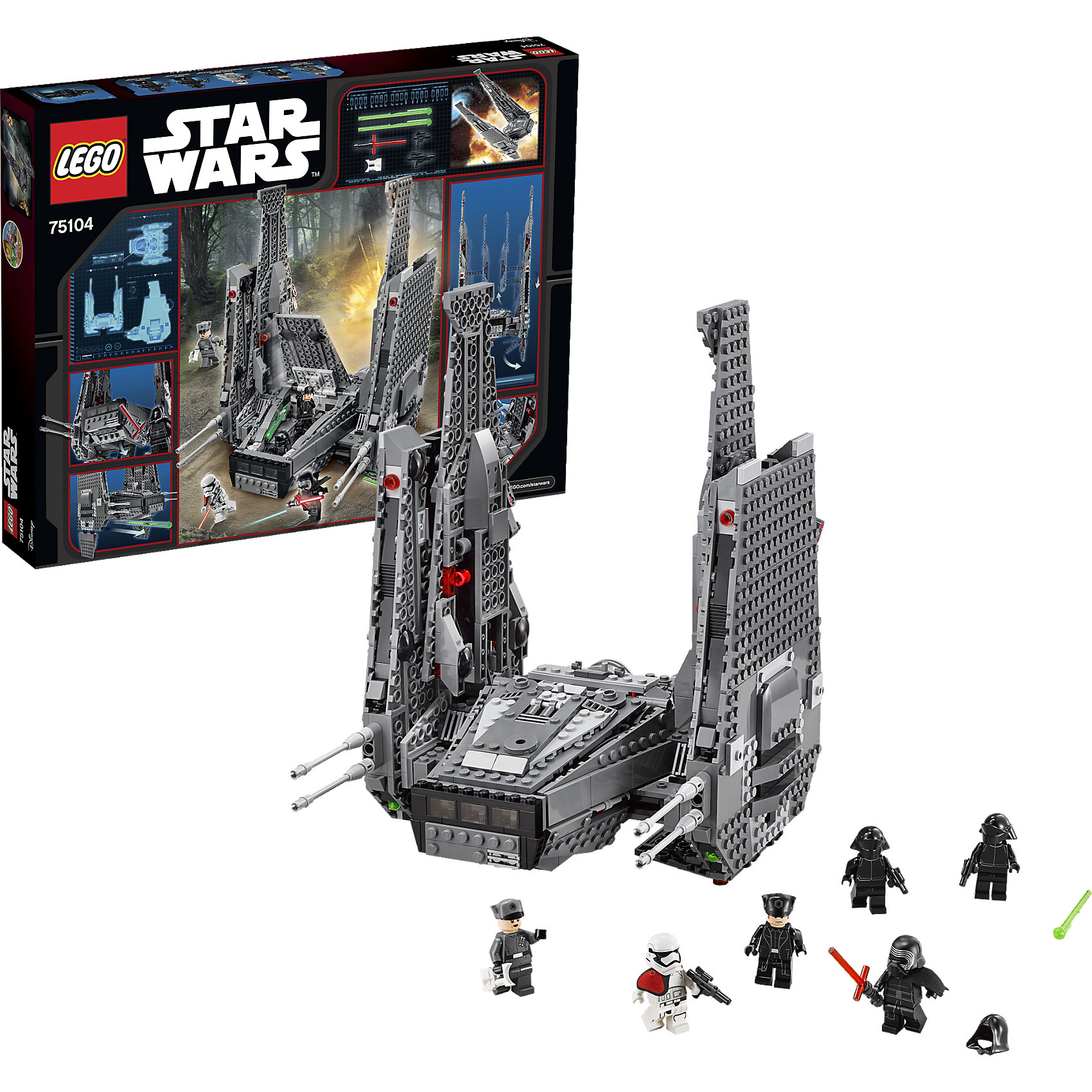 LEGO Star Wars 75104: Командный шаттл Кайло Рена LEGO Star Wars 75104: Командный шаттл Кайло РенаИгрушки<br>LEGO Star Wars (ЛЕГО Звездные Войны) 75104: Командный шаттл Кайло Рена – это фантастический звездный корабль с тщательно продуманными деталями, который имеет невероятное количество характеристик, включающих в себя открывающуюся переднюю часть, нижний и задний отсеки-хранилища, пружинные пушки и отсоединяемые оружейные стойки. А когда будешь готов к новым поворотам боя, активируй функцию выдвижения крыльев! <br><br>Комплектация: 1004 детали, 6 минифигурок: Кайло Рен, генерал Хакс, команда Первого Ордена из 2-х человек, офицер штурмовиков Первого Ордена<br><br>Дополнительная информация:<br>-Серия: Звездные войны<br>-Размер в упаковке: 7,1х48х38 см<br>-Вес в упаковке: 1,7 кг<br>-Количество деталей: 1004 шт.<br>-Материалы: пластик<br><br>Пришло время сокрушить врага в бою на личном Командном шаттле Кайло Рена из набора LEGO Star Wars (ЛЕГО Звездные Войны) 75104: Командный шаттл Кайло Рена!<br><br>LEGO Star Wars (ЛЕГО Звездные Войны) 75104: Командный шаттл Кайло Рена можно купить в нашем магазине.<br><br>Ширина мм: 483<br>Глубина мм: 375<br>Высота мм: 65<br>Вес г: 1700<br>Возраст от месяцев: 108<br>Возраст до месяцев: 168<br>Пол: Мужской<br>Возраст: Детский<br>SKU: 4047427