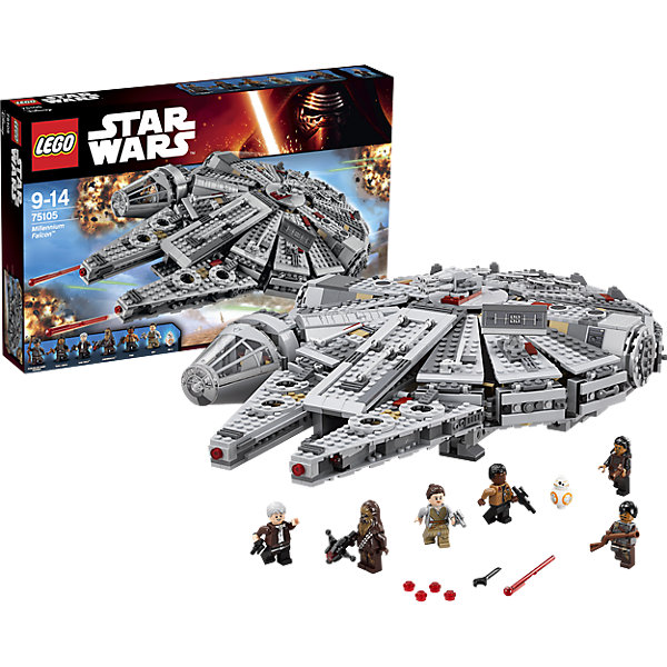 LEGO Star Wars 75105: Сокол Тысячелетия LEGO Star Wars 75105: Сокол ТысячелетияИгрушки<br>Один из самых известных звёздных кораблей саги Звёздные Войны возвращается, став ещё мощнее и смертоноснее! Последняя предлагаемая LEGO® версия корабля Сокол Тысячелетия, появляющегося в самых ярких сценах фильма Звёздные Войны: Пробуждение Силы, оснащена новыми и усовершенствованными внешними элементами, включающими ещё более обтекаемый дизайн с большим количеством деталей, отсоединяемую кабину, в которой можно разместить 2 минифигурки, вращающиеся верхнюю и нижнюю лазерные турели с люкам и отсеком для размещения минифигурки, сдвоенными пружинными пушками, спутниковой тарелкой, трапом и входным люком. Сними листы обшивки корпуса, чтобы увидеть ещё больше крутых новых и усовершенствованных внутренних деталей, включая кают-компанию с доской для игры в голографические шахматы, тщательно воссозданный гипердвигатель, тайный отсек, дополнительные боксы и кабели, а также хранилище боеприпасов для пружинных пушек. <br>И, конечно же, модель Сокол Тысячелетия от LEGO не будет законченной без Хана Соло и Чубакки, а также других любимых персонажей фильма Звёздные Войны: Пробуждение Силы. Запускай гипердвигатель, чтобы поучаствовать в захватывающем приключении с LEGO Star Wars! <br><br>В процессе игры с конструктором дети приобретают и постигают такие необходимые навыки как познание, творчество, воображение. Большое количество дополнительных элементов делает игровые сюжеты по-настоящему захватывающими и реалистичными. Все наборы ЛЕГО Звездные Войны соответствуют самым высоким европейским стандартам качества и абсолютно безопасны.<br><br>Дополнительная информация:<br><br>- Игра с конструктором LEGO (ЛЕГО) развивает мелкую моторику ребенка, фантазию и воображение, учит его усидчивости и внимательности;<br>- Размер: 14 x 47 x 32 см<br>- Количество деталей: 1329 шт;<br>- В набор входят 6 минифигурок с различным оружием: Рей, Финн, Хан Соло, Чубакка, Тасу Лич, головорез из шайки Канджиклаб, дроид-астромеханик BB-8.<br>- Серия: LEGO Star Wars (ЛЕГО Звездные войны);<br>- Материал: высококачественный пластик.<br><br>Конструктор LEGO Star Wars 75105: Сокол Тысячелетия можно купить в нашем интернет-магазине.<br><br>Ширина мм: 585<br>Глубина мм: 375<br>Высота мм: 88<br>Вес г: 2244<br>Возраст от месяцев: 96<br>Возраст до месяцев: 144<br>Пол: Мужской<br>Возраст: Детский<br>SKU: 4047428