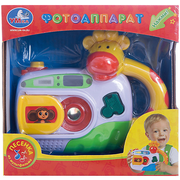 Фотоаппарат Чебурашки, Умка Фотоаппарат Чебурашки, УмкаИгрушки<br>Фотоаппарат Чебурашки, Умка – отличная игрушка-фотоаппарат для самых маленьких. Фотоаппарат украшен изображением Чебурашки и объемной фигуркой жирафа, которая является также удобной ручкой для переноски. Игрушка познакомит малыша с дикими животными: при нажатии на кнопку в объективе будут сменяться картинки животных, а при нажатии на кнопку с ноткой проигрываться веселая песенка из мультфильма. Способствует развитию мелкой моторики и крупной моторики, координации движений, цветового и звукового восприятия.<br><br>Дополнительная информация:<br>-Вес в упаковке: 340 г<br>-Размеры в упаковке: 7х36х52 см<br>-Размеры игрушки: 20х10х6 см<br>-Материалы: пластик<br>-Работает от батареек: входят в комплект<br><br>Фотоаппарат Чебурашки – яркая и увлекательная игрушка для малышей с музыкальными кнопками, световыми эффектами и удобной ручкой в виде шеи жирафа!<br><br>Фотоаппарат Чебурашки, Умка можно купить в нашем магазине.<br><br>Ширина мм: 70<br>Глубина мм: 360<br>Высота мм: 520<br>Вес г: 340<br>Возраст от месяцев: 36<br>Возраст до месяцев: 60<br>Пол: Унисекс<br>Возраст: Детский<br>SKU: 4051927