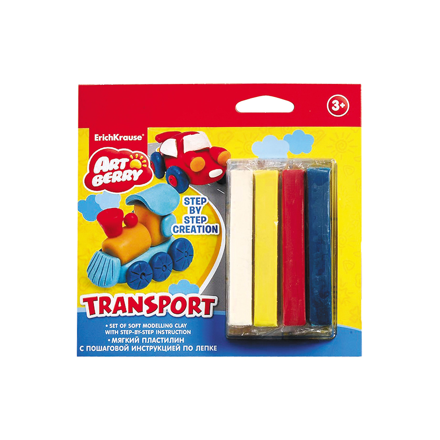 Пластилин мягкий 4цв+инструкция Transport Step-by-step Сreation Artberry Пластилин мягкий 4цв+инструкция Transport Step-by-step Сreation ArtberryЛепка<br>Пластилин мягкий 4цв+инструкция Transport Step-by-step Сreation Artberry<br><br>Характеристики:<br><br>• В набор входит: 4 брусочка пластилина, инструкция<br>• Размер упаковки: 16,5 * 1,5 * 16 см.<br>• Вес: 97 г.<br>• Для детей в возрасте: от 3-х лет<br>• Страна производитель: Китай<br><br>Серия ArtBerry (Артберри) отличается натуральностью своих компонентов и повышенной безопасностью состава продукции специально для дошкольников. Пластилин этой серии изготовлен на основе кукурузного крахмала, легко разминается и не застывает на воздухе, в состав также входит вазелиновое масло, ухаживающее за ручками. <br><br>В этом наборе предлагается вылепить транспортные средства. Благодаря пошаговой инструкции ребёнок без труда сможет вылепить четырехцветный поезд и четырехцветную машину, в набор входят нужные для лепки цвета, для голубого цвета нужно будет смешать синий и белый цвета. Занимаясь лепкой дети развивают моторику рук, творческие способности, восприятие цветов и их сочетаний, а также лепка благотворно влияет на развитие речи, координацию движений, память и логическое мышление. Лепка всей семьей поможет весело и пользой провести время!<br><br>Пластилин мягкий 4цв+инструкция Transport Step-by-step Сreation Artberry можно купить в нашем интернет-магазине.<br><br>Ширина мм: 165<br>Глубина мм: 160<br>Высота мм: 15<br>Вес г: 97<br>Возраст от месяцев: 60<br>Возраст до месяцев: 216<br>Пол: Унисекс<br>Возраст: Детский<br>SKU: 4058317