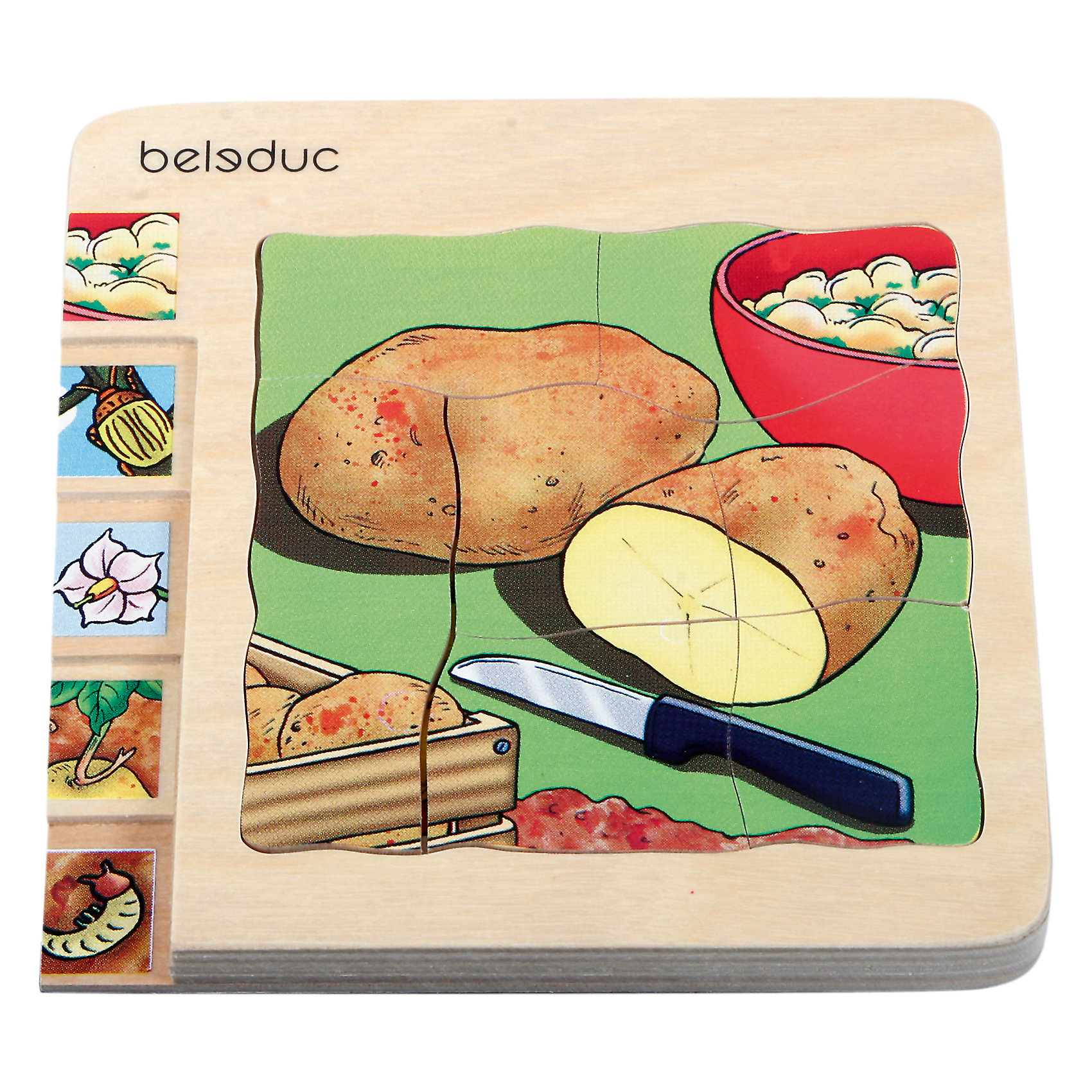Многослойный пазл Картофель, Beleduc Многослойный пазл Картофель, BeleducС помощью Пазла Картофель, Beleduc (Беледук) дети узнают, как растет картошка. Задача ребенка – собрать не только части каждого из 4 пазлов, но и сложить слоями все пазлы в правильной последовательности от посадки картофелины с глазками до готовых клубней на столе.<br><br>Характеристики:<br>-Высокое качество обработки<br>-Гладкая, приятная на ощупь поверхность<br>-Крупные детали с закругленными углами<br>-Безопасные красители<br>-Игра развивает визуальное восприятие и мелкую моторику рук<br><br>Комплектация: основа с рамкой, 4 пазла из 30 частей<br><br>Дополнительная информация:<br>-Вес в упаковке: 330 г<br>-Размеры в упаковке: 20х18х2,5 см<br>-Материалы: дерево (береза)<br>-Размер игры: 14,3x14,5x1,8 см<br><br>Ваш ребенок с удовольствием сможет провести время за собиранием пазла и узнает, как растет картофель. <br><br>Пазл Картофель, Beleduc (Беледук) можно купить в нашем магазине.<br><br>Ширина мм: 200<br>Глубина мм: 180<br>Высота мм: 25<br>Вес г: 330<br>Возраст от месяцев: 36<br>Возраст до месяцев: 60<br>Пол: Унисекс<br>Возраст: Детский<br>SKU: 4066484