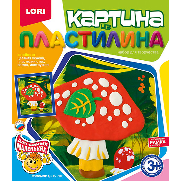 Картина из пластилина Мухомор, LORI Картина из пластилина Мухомор, LORIНаборы для лепки<br>Если Вы и Ваш ребенок любите проводить время вмести и учиться чему-то новому, то набор для создания картин из пластилина Мухомор от LORI (ЛОРИ) - это то, что Вы искали. С его помощью Вы научите ребенка не только различать цвета, но и создавать настоящие картины из пластилина. Техника очень простая, поэтому набор подойдет для самых маленьких любителей лепки. Ребенка обязательно привлечет яркая картинка, с изображением симпатичного грибочка. Приклеивая кусочек за кусочком, ребенок увидит, как картинка будто оживает у него на глазах! Малыш обязательно влюбится в это увлекательное занятие! Покажите ребенку, как создается картинка на одном фрагменте и вскоре он будет увлеченно подбирать цвета и приклеивать кусочки пластилина самостоятельно. По окончании работы, Вы сможете смастерить рамку и повесить замечательную картинку на видное место! Занятие с увлекательным набором Мухомор от LORI (ЛОРИ) способствует развитию мелкой моторики, мышления и воображения детей. <br><br>Дополнительная информация:<br><br>- Способствует развитию моторики, мышления, воображения;<br>- В комплекте: цветная основа, пластилин, стек, рамка, инструкция;<br>- Отлично подойдет малышам;<br>- Прекрасный подарок;<br>- В наборе оригинальная рамка;<br>- Размер упаковки: 23 х 20 х 4 см;<br>- Вес: 238 г<br><br>Картину из пластилина Мухомор, LORI (ЛОРИ) можно купить в нашем интернет-магазине.<br><br>Ширина мм: 200<br>Глубина мм: 230<br>Высота мм: 40<br>Вес г: 238<br>Возраст от месяцев: 36<br>Возраст до месяцев: 84<br>Пол: Унисекс<br>Возраст: Детский<br>SKU: 4073071