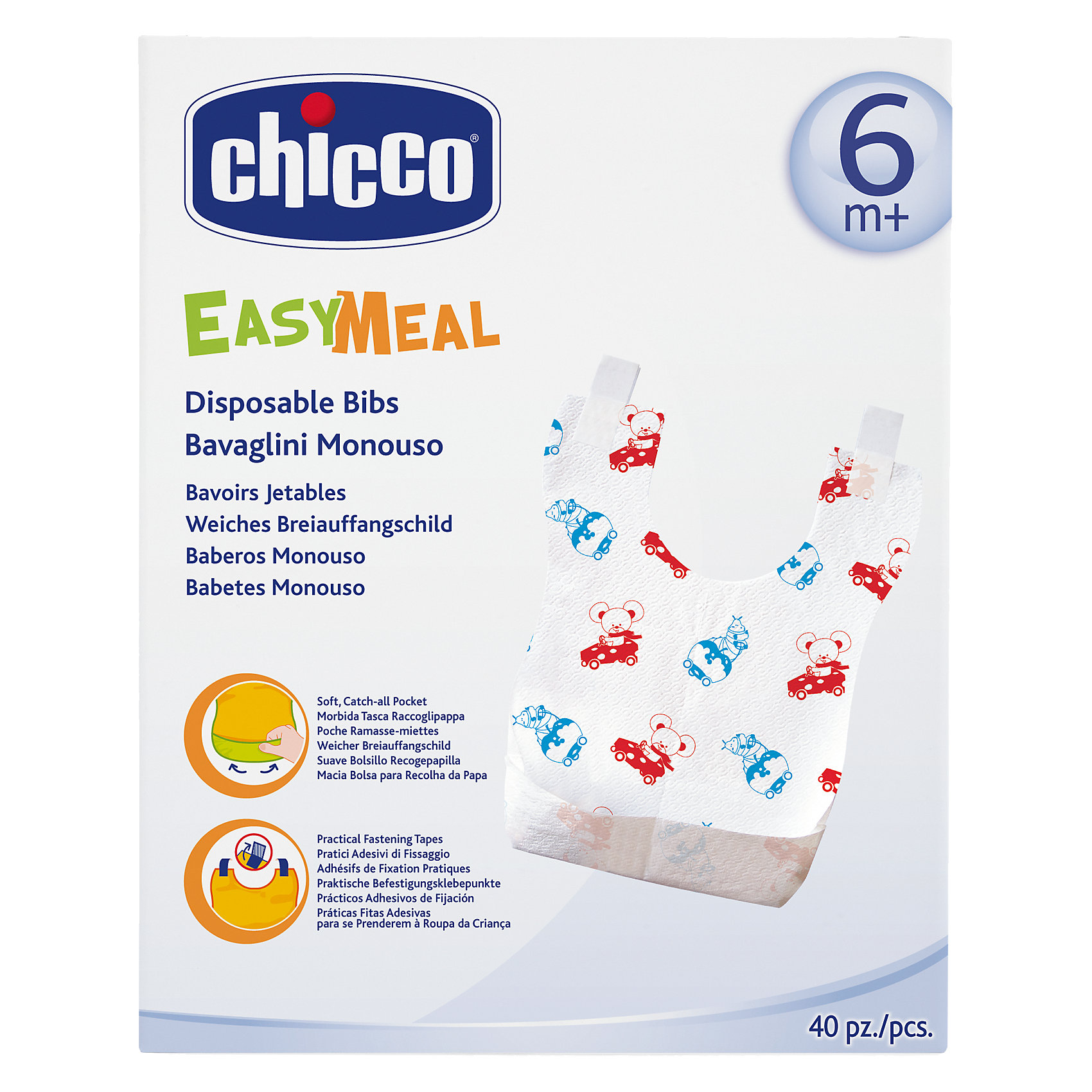 Нагрудники одноразовые, 40шт., с карманом и липучками,6мес.+, CHICCO Нагрудники одноразовые, 40шт., с карманом и липучками,6мес.+, CHICCOНагрудники и салфетки<br>Каждая мама знает, как много одежды пачкается при каждом кормлении. Суперабсорбирующие одноразовые нагрудники от Chicco помогут решить эту проблему! Нагрудники крепятся с помощью липучек, закрывают одежду малыша от плеч до пояса. Мягкая ткань нагрудника не протекает и хорошо впитывает сок, воду и жидкое питание. Крошки и кусочки пищи попадают в специальный кармашек снизу. После кормления легко складывается, не пачкая кроху. Удобно использовать для малышей и для детей постарше, которые учатся есть сами.<br><br>Дополнительная информация:<br>Материал: полиэтилен, бумага<br>Размер упаковки: 14х17х9 см<br>Вес: 260 грамм<br>В комплекте: 40 нагрудников<br>Возраст: с 6 месяцев<br><br>Одноразовые нагрудники Chicco(Чикко) можно купить в нашем интернет-магазине.<br><br>Ширина мм: 172<br>Глубина мм: 142<br>Высота мм: 93<br>Вес г: 265<br>Цвет: белый<br>Возраст от месяцев: 0<br>Возраст до месяцев: 24<br>Пол: Унисекс<br>Возраст: Детский<br>SKU: 4074374