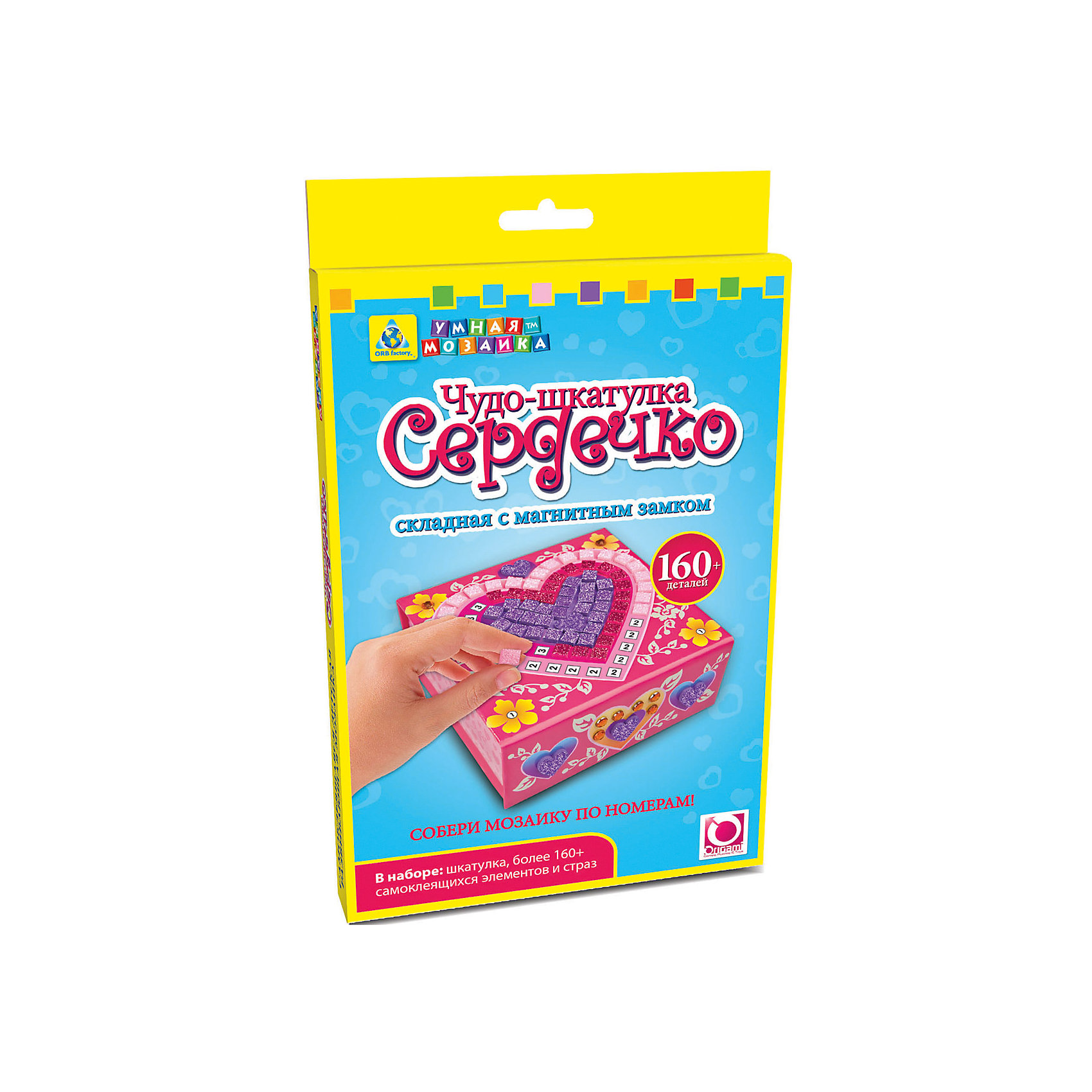 Мозаика-шкатулка складная Сердечко, Оригами Мозаика-шкатулка складная Сердечко, ОригамиМозаика-шкатулка складная Сердечко, Оригами – набор, который поможет девочке без особого труда создать великолепную шкатулку.<br>Яркая, красивая шкатулка с магнитным замком, в центре которой нарисовано сердечко непременно понравится вашей девочке. Этот великолепный набор для творчества включает в себя прекрасную шкатулку, которую нужно сложить, как показано на рисунке, и украсить самоклеящимися элементами и стразами. Самоклеящиеся элементы и стразы мозаики нужно наносить на шкатулку по номерам, а можно самой придумать узор, используя самые удивительные сочетания цветов. Наклеив правильно все разноцветные элементы и стразы, у вашей девочки получится красивый рисунок и полностью готовая к использованию сверкающая шкатулка, в котором можно хранить что-то очень ценное. Умная мозаика с самоклеящимися элементами отличается высоким качеством исполнения и красочным цветовым дизайном. Данный набор прекрасно развивает моторику рук и пространственное мышление, а также воображение и внимательность.<br><br>Дополнительная информация:<br><br>- В наборе: шкатулка, более 160 сверкающих страз и самоклеящихся элементов<br>- Материал: ламинированный картон<br>- Размер шкатулки: 10,5 х 10,5 х 4,5 см.<br>- Размер упаковки: 146х19х235 мм.<br>- Вес упаковки: 108 гр.<br><br>Мозаику-шкатулку складную Сердечко, Оригами можно купить в нашем интернет-магазине.<br><br>Ширина мм: 146<br>Глубина мм: 19<br>Высота мм: 235<br>Вес г: 108<br>Возраст от месяцев: 48<br>Возраст до месяцев: 96<br>Пол: Женский<br>Возраст: Детский<br>SKU: 4075994