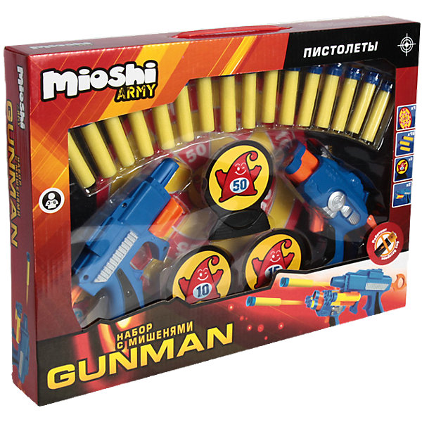 Игровой набор Gunman, с аксессуарами, Mioshi Army Игровой набор Gunman, с аксессуарами, Mioshi ArmyИгрушечное оружие<br>Теперь играть в войну и весело и безопасно! Набор Gunman, с аксессуарами от Mioshi Army создан не только для забавных игр, но и для тренировки меткости. Играть с другом теперь проще ведь в комплекте целых два пистолета. Отстреливаться из пистолетов совершенно безопасно, ведь они стреляют мягкими пулями! Пистолеты работают без батареек, поэтому никогда не подведут в бою. Как и положено современному оружию пистолеты Mioshi Army отлично лежит в руке. Вы сможете перезарядить их в считанные минуты, ведь в пылу борьбы дорога каждая секунда! Используйте мишени на подставках, чтобы выяснить, кто самый меткий! Подсчитать очки будет очень просто, ведь пули оборудованы присосками.<br><br>Дополнительная информация: <br><br>- В комплекте: 2 пластиковых пистолета, 16 мягких пуль с присосками, 3 мишени на подставках маленькие, мишень на подставке большая;<br>- Пистолеты работают без батареек;<br>- Набор выполнен из высококачественного пластика;<br>- Быстро перезаряжается;<br>- Удобная форма;<br>- Размер упаковки: 38,5 х 29 х 5,8 см<br>- Вес: 0,5 кг<br><br>Игровой набор Gunman, с аксессуарами, Mioshi Army можно купить в нашем интернет-магазине.<br><br>Ширина мм: 385<br>Глубина мм: 290<br>Высота мм: 58<br>Вес г: 554<br>Возраст от месяцев: 36<br>Возраст до месяцев: 96<br>Пол: Мужской<br>Возраст: Детский<br>SKU: 4094283