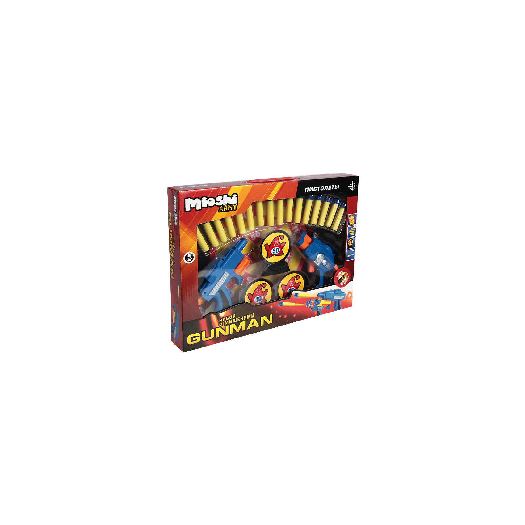 Игровой набор Gunman, с аксессуарами, Mioshi Army Игровой набор Gunman, с аксессуарами, Mioshi ArmyИгрушечное оружие<br>Теперь играть в войну и весело и безопасно! Набор Gunman, с аксессуарами от Mioshi Army создан не только для забавных игр, но и для тренировки меткости. Играть с другом теперь проще ведь в комплекте целых два пистолета. Отстреливаться из пистолетов совершенно безопасно, ведь они стреляют мягкими пулями! Пистолеты работают без батареек, поэтому никогда не подведут в бою. Как и положено современному оружию пистолеты Mioshi Army отлично лежит в руке. Вы сможете перезарядить их в считанные минуты, ведь в пылу борьбы дорога каждая секунда! Используйте мишени на подставках, чтобы выяснить, кто самый меткий! Подсчитать очки будет очень просто, ведь пули оборудованы присосками.<br><br>Дополнительная информация: <br><br>- В комплекте: 2 пластиковых пистолета, 16 мягких пуль с присосками, 3 мишени на подставках маленькие, мишень на подставке большая;<br>- Пистолеты работают без батареек;<br>- Набор выполнен из высококачественного пластика;<br>- Быстро перезаряжается;<br>- Удобная форма;<br>- Размер упаковки: 38,5 х 29 х 5,8 см<br>- Вес: 0,5 кг<br><br>Игровой набор Gunman, с аксессуарами, Mioshi Army можно купить в нашем интернет-магазине.<br><br>Ширина мм: 385<br>Глубина мм: 290<br>Высота мм: 58<br>Вес г: 554<br>Возраст от месяцев: 36<br>Возраст до месяцев: 96<br>Пол: Мужской<br>Возраст: Детский<br>SKU: 4094283