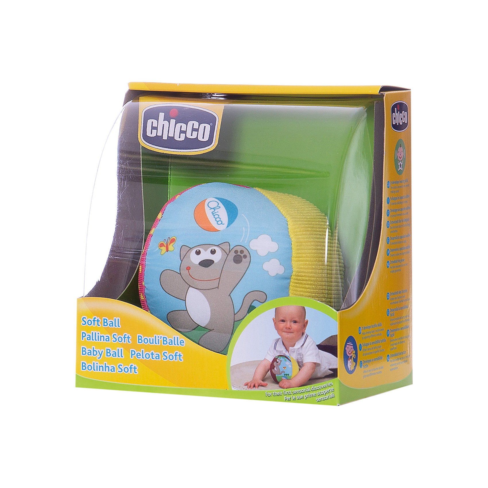 Мягкий мячик, Chicco Мягкий мячик, ChiccoМягкий мячик, Chicco (Чико) сшит из кусочков ткани разных цветов и фактур в виде яркого полосатого мячика, оформленного изображениями в виде играющего котика. Рассматривая и ощупывая его поверхность, ребенок развивает тактильное восприятие, учится различать и сравнивать цвета. Он легкий и мягкий, поэтому малышу будет удобно хватать, катать и бросать. Если его немного потрясти, то он будет греметь, благодаря шарикам, которые находятся внутри. <br><br>Дополнительная информация:<br>-Материалы: текстиль<br>-Размеры: 9х9х9 см<br><br>Развивающая игрушка «Мягкий мячик» станет отличным подарком для каждого малыша!<br><br>Мягкий мячик, Chicco (Чико) можно купить в нашем магазине.<br><br>Ширина мм: 140<br>Глубина мм: 105<br>Высота мм: 149<br>Вес г: 140<br>Возраст от месяцев: 3<br>Возраст до месяцев: 18<br>Пол: Унисекс<br>Возраст: Детский<br>SKU: 4123475