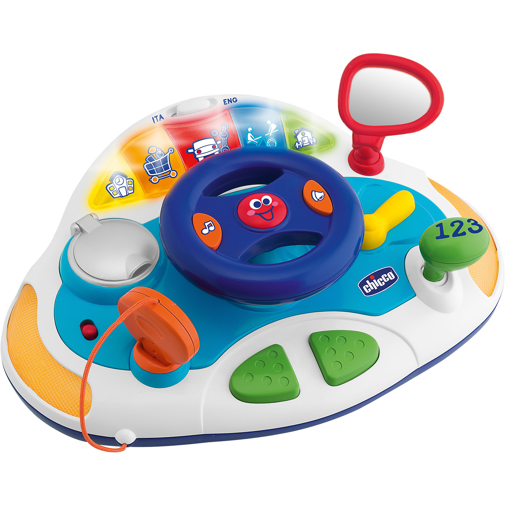 Игрушка Говорящий руль, Рус/Англ, Chicco Игрушка Говорящий руль, Рус/Англ, ChiccoИгрушка Говорящий руль, Рус/Англ, Chicco (Чико) – это обучающая игрушка, выполненная в виде панели управления автомобиля, которая помогает детям учить слова и цифры на русском и английском языках в игровой непринужденной форме. Управляя автомобилем, малыш посещает пять мест: школу, супермаркет, гараж, парк и дом. Соответствующие кнопки для выбора мест расположены в верхней части игровой панели. На каждой остановке ребенок изучает новые слова, цифры и фразы. <br><br>Характеристики:<br> <br> <br>-При нажатии на кнопки, издаются реалистичные звуки, соответствующие каждой ситуации на дороге<br>-2 режима (русский/английский)<br>-Развивает: концентрация внимания, координация, моторика, воображение, лингвистические навыки, речь<br>-Изучение: счет от 1 до 10, смешные фразы и слова, 5 маршрутов для поездки<br><br>Дополнительная информация:<br>-Размеры: 36х24х8 см<br>-Тип батареек: 2 х AA / LR6 1,5V (входят в комплект)<br>-Материалы: высококачественный пластик<br><br>Интерактивная развивающая игрушка «Говорящий руль» – это простой и занятный способ для Вашего ребенка начать знакомство с иностранными языками!<br><br>Игрушка Говорящий руль, Рус/Англ, Chicco (Чико) можно купить в нашем магазине.<br><br>Ширина мм: 375<br>Глубина мм: 233<br>Высота мм: 215<br>Вес г: 1468<br>Возраст от месяцев: 12<br>Возраст до месяцев: 48<br>Пол: Мужской<br>Возраст: Детский<br>SKU: 4123485