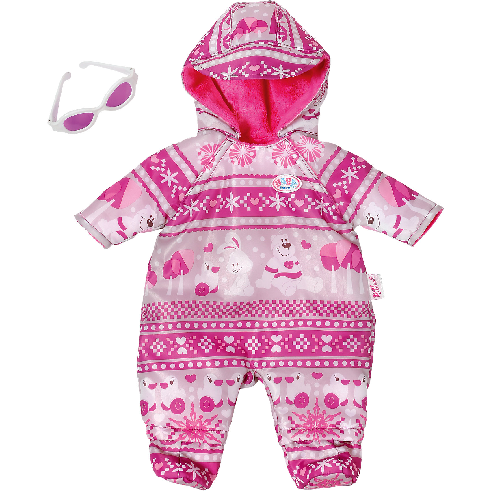 Зимний комбинезон, BABY born Зимний комбинезон, BABY bornЗимний комбинезон, BABY born (Бэйби Борн) включает в себя теплый болоньевый комбинезон на молнии с капюшоном и солнечные очки, чтобы яркое зимнее солнце не било в глазки. Яркий узор в скандинавском стиле содержит три основных оттенка: бордовый, розовый и палевый. А еще на широкой полоске комбинезона изображены милые зверята: мишка, зайчик и уточка. Низ трансформируется в спальный конверт и в штаны. <br><br>Комплектация: комбинезон, солнечные очки<br><br>Дополнительная информация:<br>-Развивает: аккуратность, чувство заботы и ответственности<br>-Материалы: текстиль, наполнитель, пластик<br>-Размеры в упаковке: 40х8х36 см<br>-Вес в упаковке: 220 г<br>-Подходит для куклы ростом 43 см<br>-Внимание! Кукла в комплект НЕ входит<br><br>В зимнем комбинезоне малышка Бэйби Борн не замерзнет в холодное время года или при длительных прогулках!<br><br>Зимний комбинезон, BABY born (Бэйби Борн) можно купить в нашем магазине.<br><br>Ширина мм: 401<br>Глубина мм: 363<br>Высота мм: 83<br>Вес г: 417<br>Возраст от месяцев: 36<br>Возраст до месяцев: 60<br>Пол: Женский<br>Возраст: Детский<br>SKU: 4126884