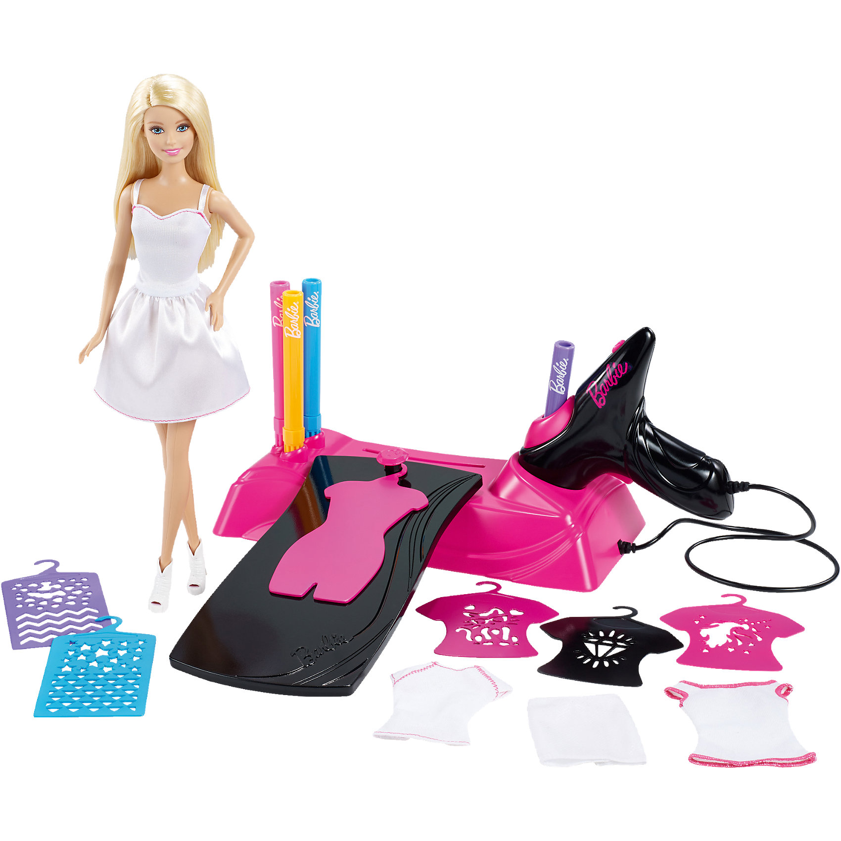 Дизайн-студия для создания цветных нарядов, Barbie Дизайн-студия для создания цветных нарядов, BarbieСоздавай свои уникальные наряды для любимой куклы вместе с этим замечательным набором! Выбери понравившуюся одежду, трафарет и цветной маркер для распылителя. Надень выбранный наряд на форму для платья и вставь форму для платья в платформу для дизайна. Ты сможешь делать рисунки по трафарету или же придумывать свои дизайны. Вся одежда из набора легко стирается, надо лишь подождать пока она высохнет, и можно снова начинать игру! Стань настоящим дизайнером, создавай невероятные принты для самой лучшей куклы на свете! <br><br>Дополнительная информация:<br><br>- Материал: пластик, текстиль.<br>- Размер куклы: 29 см.<br>- Голова, руки, ноги куклы подвижные. <br>- Комплектация: кукла в платье и туфельках, распылитель с основанием, платформа для дизайна, форма для платья, три белые тканевые детали нарядов, четыре маркера для распылителя и пять трафаретов.<br>- Наряды легко стираются.<br>- Одежда подходит для большинства кукол Барби. <br><br>Дизайн-студию для создания цветных нарядов, Barbie (Барби), можно купить в нашем магазине.<br><br>Ширина мм: 336<br>Глубина мм: 326<br>Высота мм: 69<br>Вес г: 832<br>Возраст от месяцев: 60<br>Возраст до месяцев: 108<br>Пол: Женский<br>Возраст: Детский<br>SKU: 4132289