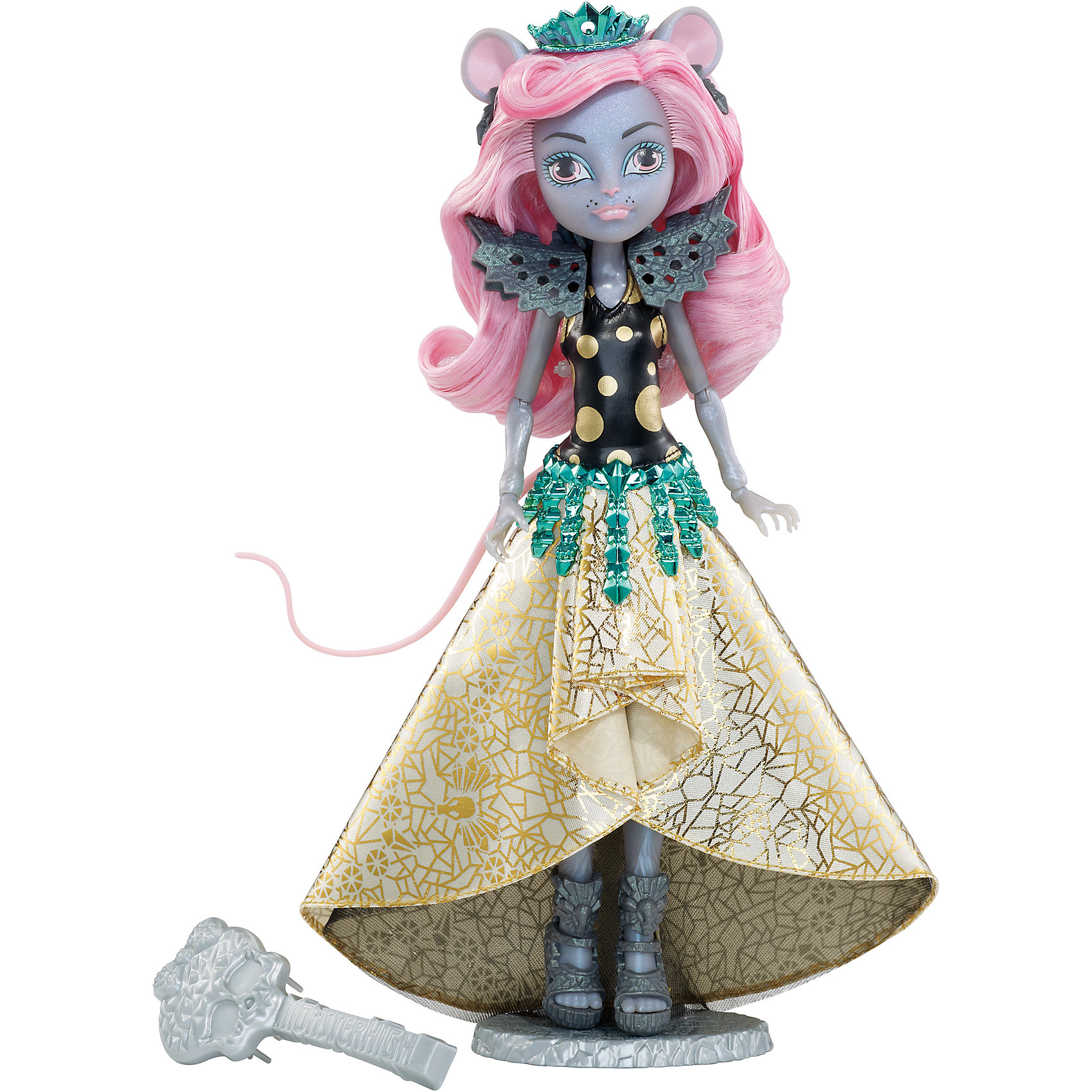 Кукла Мауседес Кинг Boo York, Monster High Кукла Мауседес Кинг Boo York, Monster HighПопулярные игрушки<br>Mouscedes King - дочь Крысиного Короля. Несмотря на свои гены, мышка не переносит лактозу, поэтому ее категорически противопоказано любимое мышиное лакомство - сыр. Зато девочка прекрасно танцует и , конечно, является большой модницей. Мауседес Кинг выбрала эффектный наряд: лиф в крупный золотистый горошек, клиновидная юбка с золотой отделкой и ярко-синяя тиара. Ее мышиные ушки, хвостик и бархатная шерстка смотрятся просто чудовищно прекрасно. Собери всех кукол Monster High (Монстр Хай) из серии «Boo York» и устрой свою сногсшибательную вечеринку! <br><br>Дополнительная информация:<br><br>- Высота куклы: 27 см.<br>- Голова, ноги, руки подвижные (шарнирные).<br>- Комплектация: кукла, одежда, расческа, подставка, дневник. <br>- Материал: пластик, текстиль.<br><br>Куклу Мауседес Кинг Boo York, Monster High (Школа монстров), можно купить в нашем магазине.<br><br>Ширина мм: 337<br>Глубина мм: 230<br>Высота мм: 71<br>Вес г: 265<br>Возраст от месяцев: 72<br>Возраст до месяцев: 120<br>Пол: Женский<br>Возраст: Детский<br>SKU: 4132329