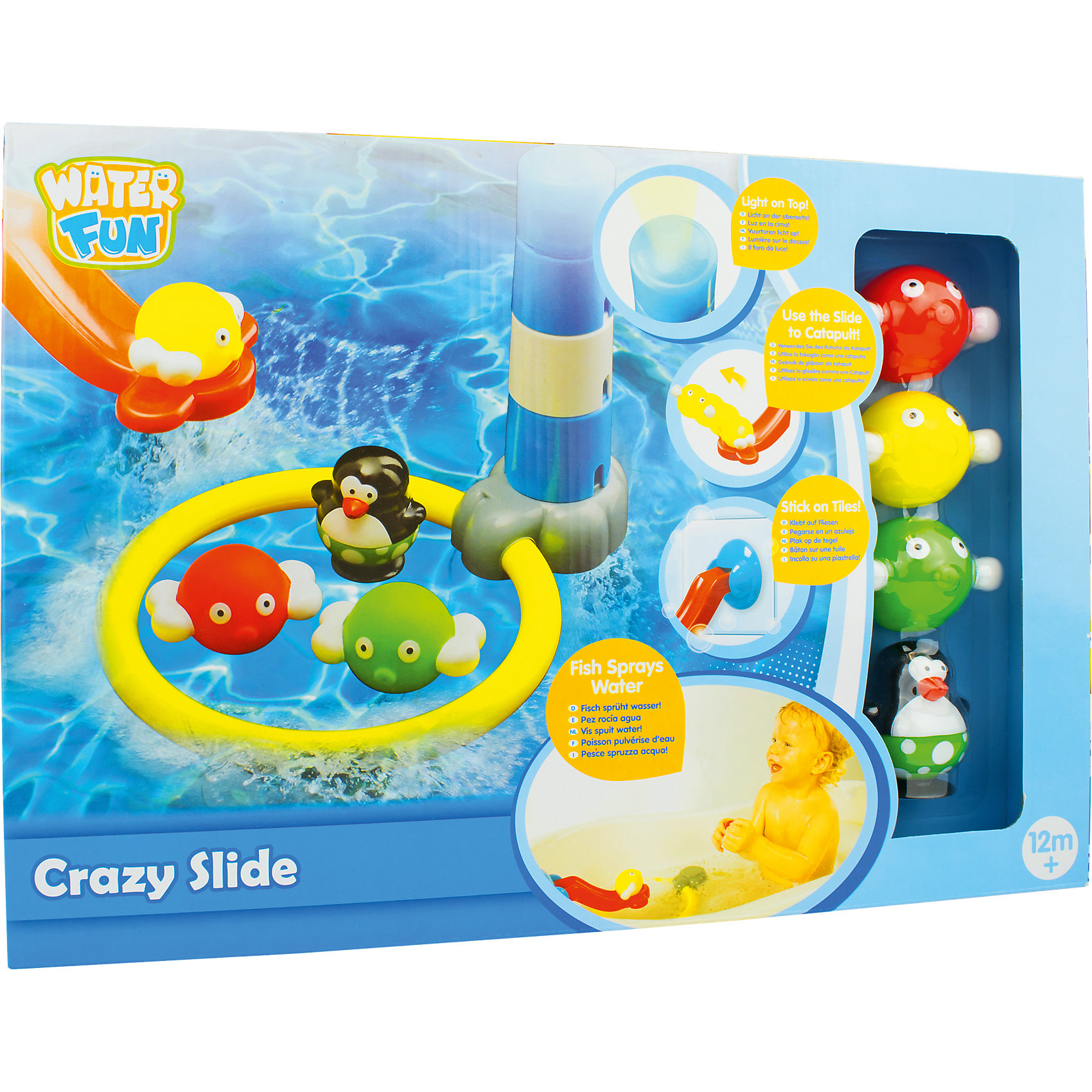 Набор для ванны Водный трамплин, Water Fun Набор для ванны Водный трамплин, Water FunИгрушки для ванной<br>Water Fun – это линия игрушек для ванной от компании Toy Target. Веселые пингвины в пляжных костюмах сделают заурядную водную процедуру занимательной и веселой игрой!<br>Набор «Водный трамплин» состоит из фигурки пингвина, горки, которая крепится на бортик ванной, трех мячиков и маяка с кольцом. Суть игры в том, чтобы запустить мячик с горки прямо в кольцо. Если Вы промахнетесь и попадете в маяк, то при попадании в воду его верхняя часть засветится красным.<br><br>Дополнительная информация:<br><br>Размер упаковки: 62 х 42 х 30 см<br><br>Набор для ванны Водный трамплин, Water Fun можно купить в нашем магазине.<br><br>Ширина мм: 406<br>Глубина мм: 281<br>Высота мм: 104<br>Вес г: 638<br>Возраст от месяцев: 0<br>Возраст до месяцев: 36<br>Пол: Унисекс<br>Возраст: Детский<br>SKU: 4133149