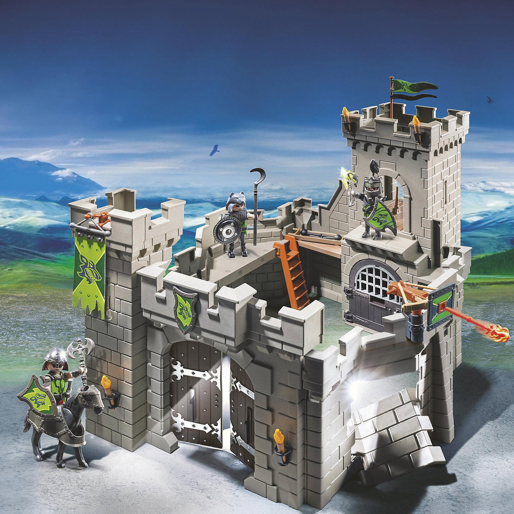 Замок Рыцарей Волка, PLAYMOBIL Замок Рыцарей Волка, PLAYMOBILКонструктор PLAYMOBIL (Плеймобил) 6002 Рыцари: Замок Рыцарей Волка - прекрасная возможность для ребенка проявить свою фантазию! Времена доблестных рыцарей, прекрасных дам и захватывающих приключений всегда будут для детей очень интересными. С помощью деталей набора Замок Рыцарей Волка Вы сможете построить настоящий замок, полный ходов и ловушек. Прочные стены замка надежно охраняют три рыцаря. Воры пробили дыру в стене и готовятся попасть внутрь! Катапульта стреляет без перерыва. Конструктор Замок Рыцарей Волка дает ребенку множество игровых возможностей: в него интересно играть как одному, так и целой компанией. Создай увлекательные сюжеты с набором Замок Рыцарей Волка или объедини его с другими наборами серии и игра станет еще интереснее. Придумывая увлекательные сюжеты с деталями конструктора, Ваш ребенок развивает фантазию, мышление и просто прекрасно проводит время!<br><br>Дополнительная информация:<br><br>- Конструкторы PLAYMOBIL (Плеймобил) отлично развивают мелкую моторику, фантазию и воображение;<br>- В наборе: 3 минифигурки рыцарей, детали для строительства замка, лошадь, лестницы, флаги, щиты, оружие, аксессуары;<br>- Материал: безопасный пластик;<br>- Размер минифигурок: 7,5 см;<br>- Размер упаковки: 35 х 45 х 12 см<br><br>Конструктор PLAYMOBIL (Плеймобил) 6002 Рыцари: Замок Рыцарей Волка можно купить в нашем интернет-магазине.<br><br>Ширина мм: 365<br>Глубина мм: 265<br>Высота мм: 465<br>Вес г: 2365<br>Возраст от месяцев: 48<br>Возраст до месяцев: 120<br>Пол: Мужской<br>Возраст: Детский<br>SKU: 4143341