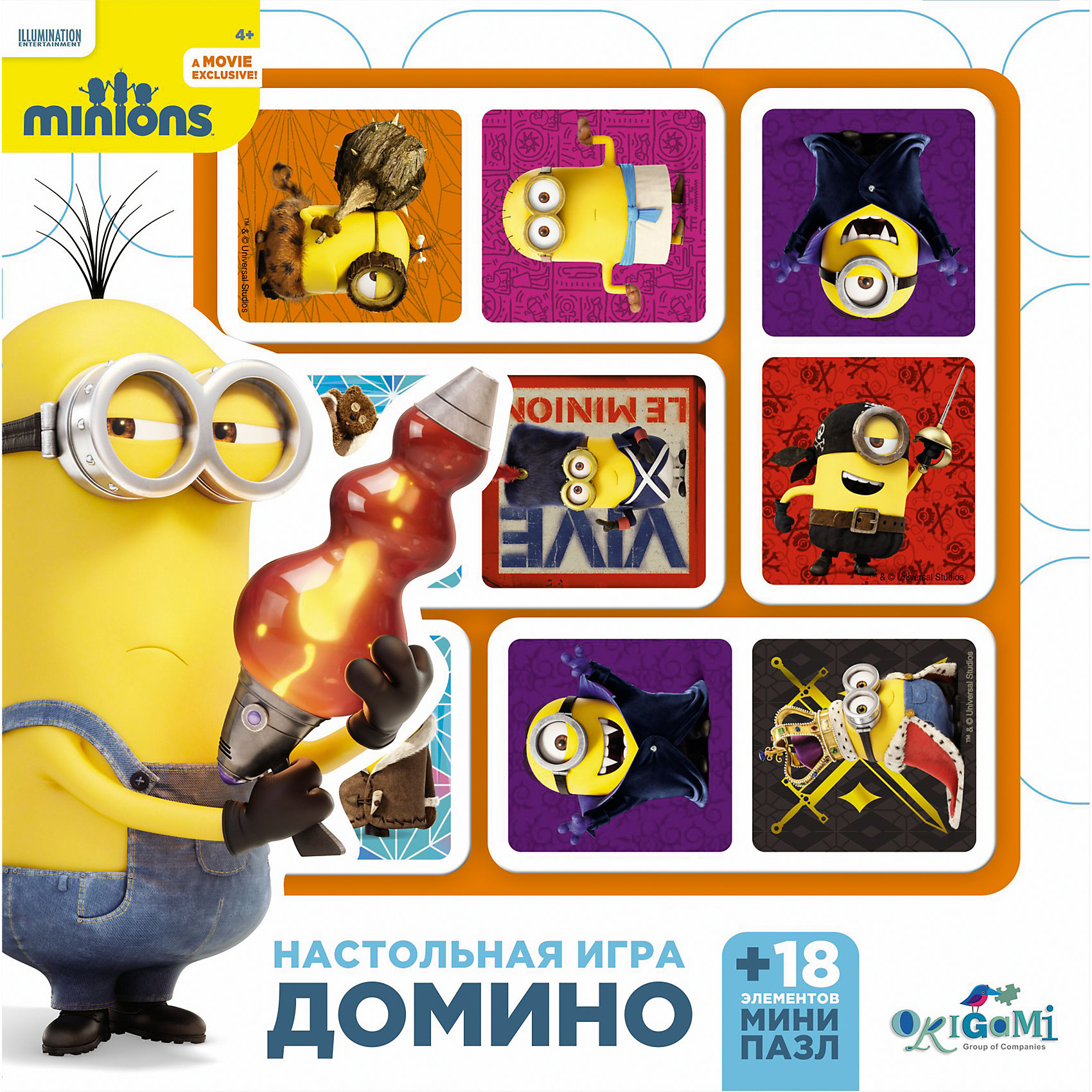 Набор Домино + Пазл 18 деталей Миньоны, Origami Набор Домино + Пазл 18 деталей Миньоны, OrigamiПазлы для малышей<br>Миньоны живут на планете на пару миллионов лет дольше нас. У них одна навязчивая идея — служить самой Гадкой личности из имеющихся в наличии. Динозавры, фараоны, Дракула, Наполеон — все они оказались недолговечны. И тогда миньоны рванули в Нью-Йорк. Пазлы с любимыми героями обязательно понравится детям. Каждая деталь пазла подходит только на свое место, идеально соединяясь с соседними, а также не расслаивается и не деформируется при сборке. Картинка имеет высокую четкость и качество печати. Собирание пазлов и игры в домино способствуют развитию логики, внимательности, усидчивости и моторики. Собирание пазлов способствует развитию логики, внимательности, усидчивости и моторики. <br><br>Дополнительная информация:<br><br>- Комплектация: домино, детали пазла.<br>- Материал: картон.<br>- Размер упаковки: 18 x 18 x 5 см.<br><br>Набор Домино + Пазл 18 деталей Миньоны, Origami, можно купить в нашем магазине.<br><br>Ширина мм: 180<br>Глубина мм: 50<br>Высота мм: 180<br>Вес г: 160<br>Возраст от месяцев: 48<br>Возраст до месяцев: 96<br>Пол: Унисекс<br>Возраст: Детский<br>Количество деталей: 18<br>SKU: 4149775