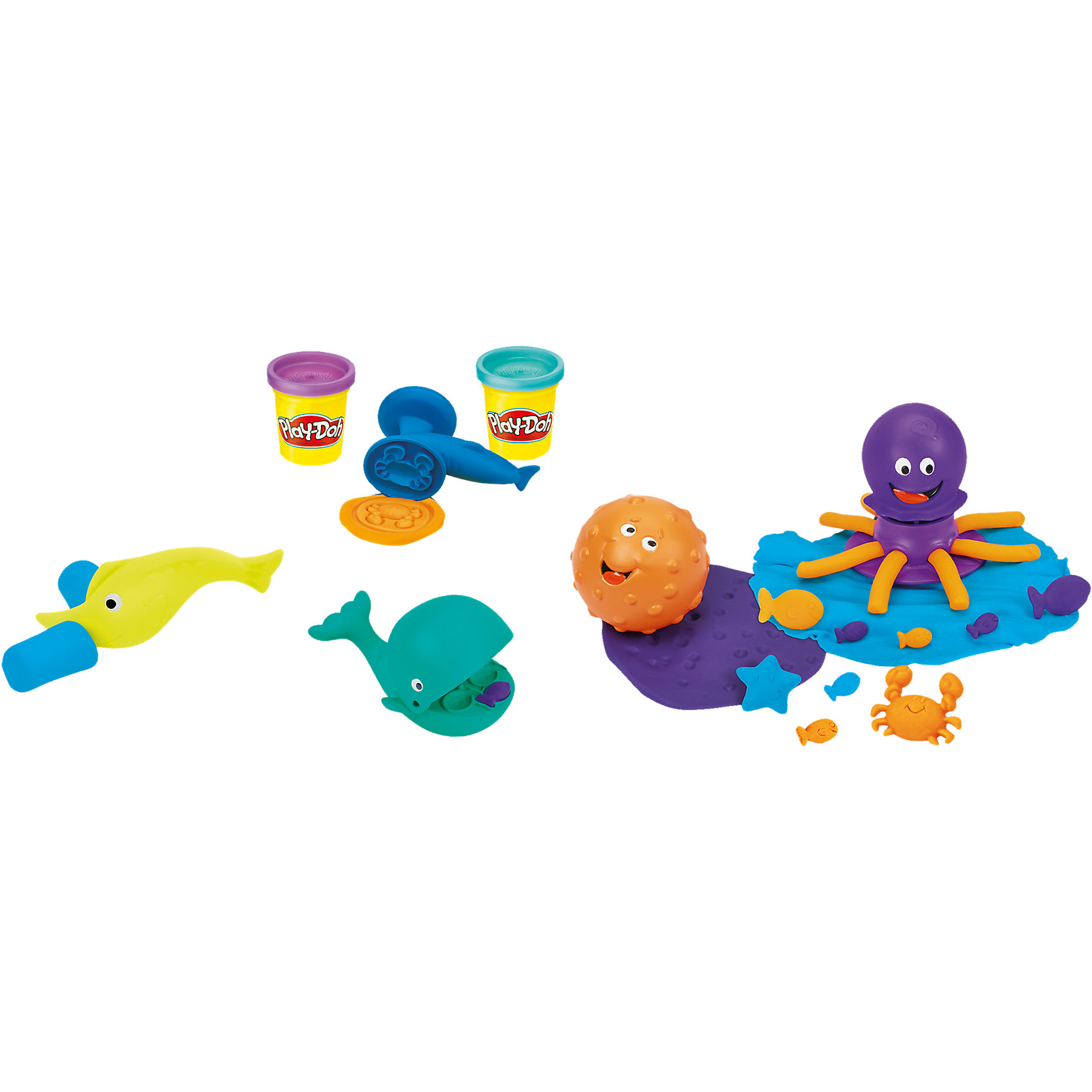 Игровой набор Подводный мир, Play-Doh Игровой набор Подводный мир, Play-DohЛепка<br>Игровой набор Подводный мир, Play-Doh (Плэй-До) подарит много часов веселья и полезного времяпрепровождения: режь, штампуй, выдавливай, раскатывай и многое другое!<br><br>Характеристики:<br>-Пластилин создан из пищевых компонентов, благодаря чему он абсолютно безопасен <br>-Пластилин не липнет к рукам, не оставляет следов на одежде, имеет приятный запах<br><br>Комплектация: штамп акула-молот, ролик рыба-молот, экструдер-осьминог, рыба-резак, форма для выдавливания в виде кита , 3 баночки разноцветного пластилина<br><br>Дополнительная информация:<br>-Материалы: пластик, пластилин<br><br>Игровой набор Подводный мир от Плэй-До обязательно понравится всем маленьким любителям проводить время за лепкой!<br><br>Игровой набор Подводный мир, Play-Doh (Плэй-До) можно купить в нашем магазине.<br><br>Ширина мм: 211<br>Глубина мм: 180<br>Высота мм: 63<br>Вес г: 425<br>Возраст от месяцев: 36<br>Возраст до месяцев: 72<br>Пол: Унисекс<br>Возраст: Детский<br>SKU: 4156434