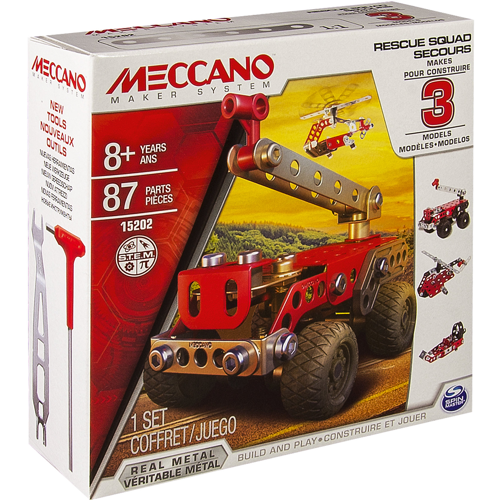 Техника службы спасения (3 модели), Meccano Техника службы спасения (3 модели), MeccanoТехника службы спасения (3 модели), Meccano (Меккано) несомненно, порадует поклонников классических конструкторов, собираемых с помощью винтиков и шайбочек! В наборе есть все необходимые инструменты и детали для сборки 3 различных моделей спасательной техники: пожарной машины, вертолета или катера.<br><br>Характеристики:<br>-Части детально проработаны<br>-Детали отлиты из высококачественного сплава, отсутствуют заусенцы и острые грани<br>-Развивает: навыки инженерного мышления, мелкую моторику, комбинаторные навыки, логику, усидчивость<br>-Резиновые покрышки на колесах для придания модели реалистичности<br><br>Комплектация: 87 деталей, инструменты, инструкция<br><br>Дополнительная информация:<br>-Количество деталей: 87<br>-Вес в упаковке: 1,25 кг<br>-Размеры в упаковке: 15х5х15 см<br>-Материалы: пластик, металл, резина <br>-Размер основной модели: 10х6 см<br><br>Яркий набор Техника службы спасения (3 модели) – отличный подарок для школьника, который любит проектирование, строительство и различные механизмы!<br><br>Техника службы спасения (3 модели), Meccano (Меккано) можно купить в нашем магазине.<br><br>Ширина мм: 154<br>Глубина мм: 151<br>Высота мм: 53<br>Вес г: 194<br>Возраст от месяцев: 36<br>Возраст до месяцев: 96<br>Пол: Мужской<br>Возраст: Детский<br>SKU: 4158551
