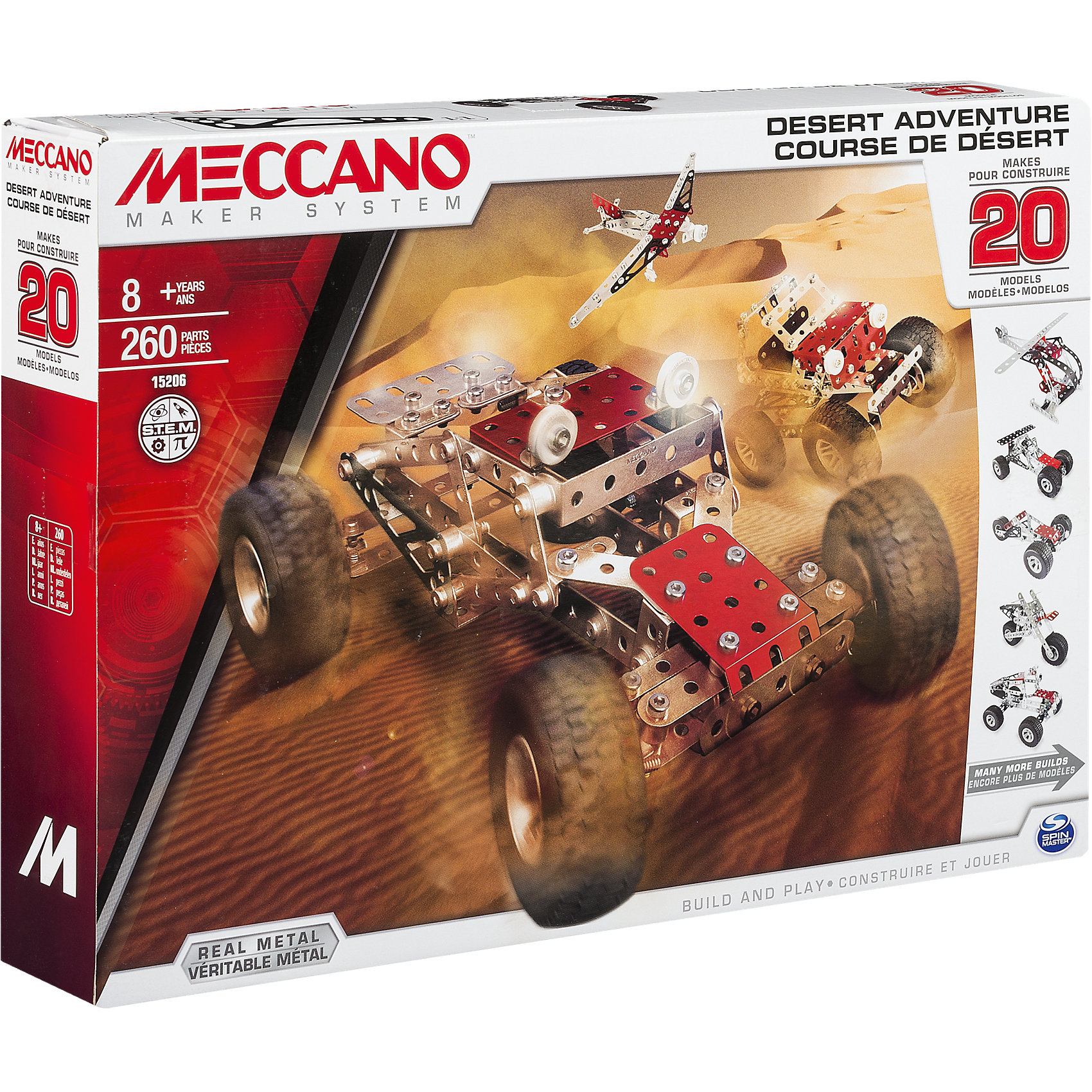 Набор Приключения в пустыне (20 моделей), Meccano Набор Приключения в пустыне (20 моделей), MeccanoМеталлические конструкторы<br>В Наборе Приключения в пустыне (20 моделей), Meccano (Меккано) есть все необходимые инструменты и детали для сборки 20 различных моделей техники (багги, джип, байк, самолет, вертолет, квадроцикл, подъемный кран и др.). <br><br>Характеристики:<br>-Части детально проработаны<br>-Детали отлиты из высококачественного сплава, отсутствуют заусенцы и острые грани<br>-Развивает: навыки инженерного мышления, мелкую моторику, комбинаторные навыки, логику, усидчивость<br><br>Комплектация: 280 деталей, в т. ч. рулевое управление, подвеска, колеса с резиновыми покрышками и др., инструкция<br><br>Дополнительная информация:<br>-Количество деталей: 280<br>-Вес в упаковке: 3,7 кг<br>-Размеры в упаковке: 35х6х25 см<br>-Материалы: металл, пластик, резина<br>-Размер основной модели (багги): 24х13 см<br><br>Яркий Набор Приключения в пустыне (20 моделей) доставит удовольствие юным техникам!<br><br>Набор Приключения в пустыне (20 моделей), Meccano (Меккано) можно купить в нашем магазине.<br><br>Ширина мм: 354<br>Глубина мм: 253<br>Высота мм: 68<br>Вес г: 818<br>Возраст от месяцев: 96<br>Возраст до месяцев: 156<br>Пол: Мужской<br>Возраст: Детский<br>SKU: 4158555